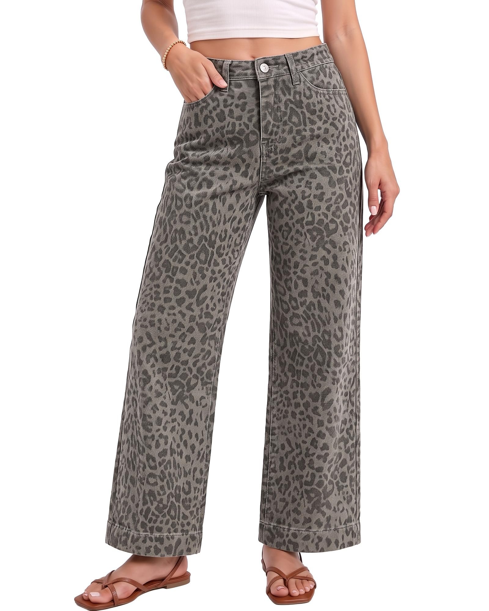 Building today's look from Jacket outward — Vetinee Wide Leg Jeans Woman Leopard Cheetah Print Ankle Length Denim Pants