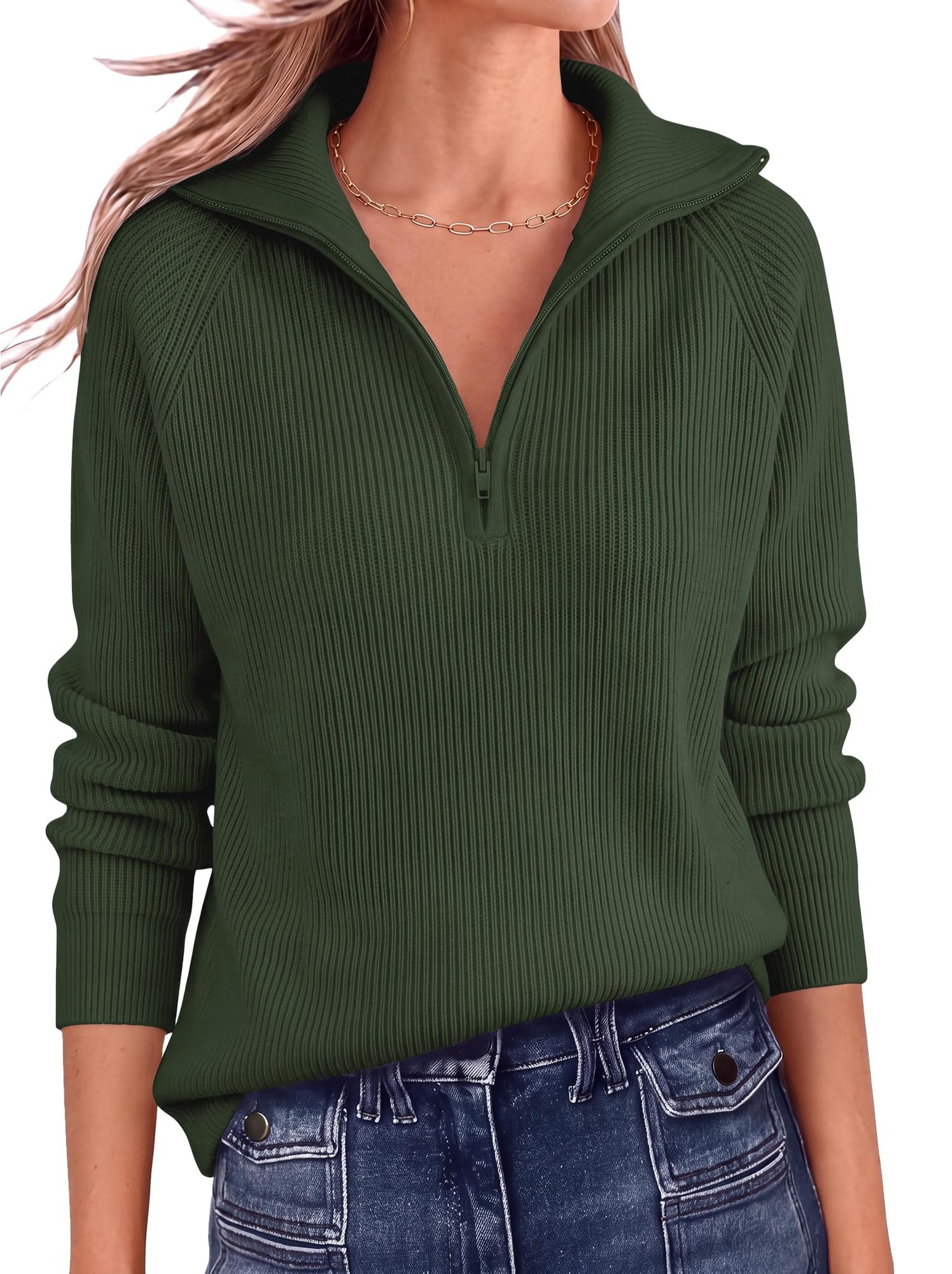 Green quarter zip with raglan ribs at the shoulder — Btfbm Sweaters for Women Trendy Quarter Zip Pullover Fall Fashion Clothing