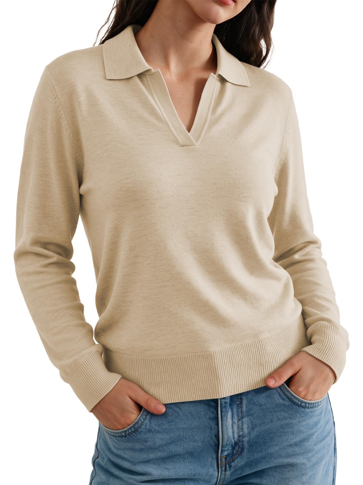Dots on denim, collar on duty — Outfeel Women Wool Blend Sweaters Pullover Long Sleeve Polo Shirts Tops