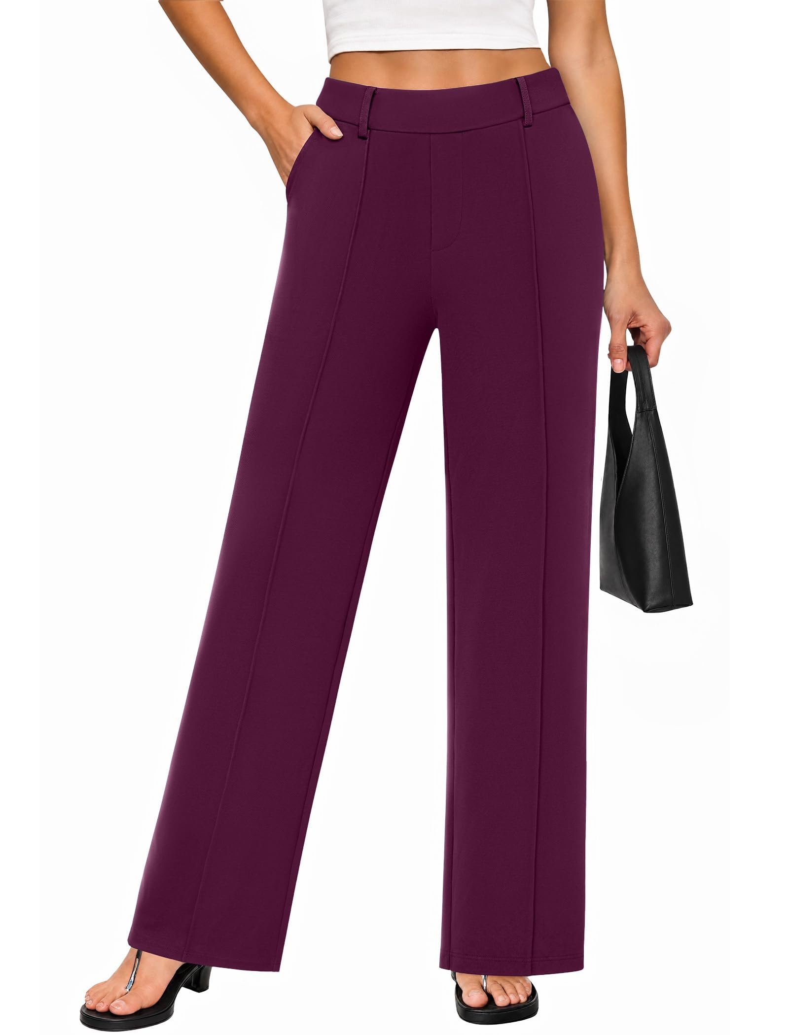 Deep plum pants paired with white low tops — FireSwan Womens Wide Leg Dress Work Pants Pull on Business Casual Slacks
