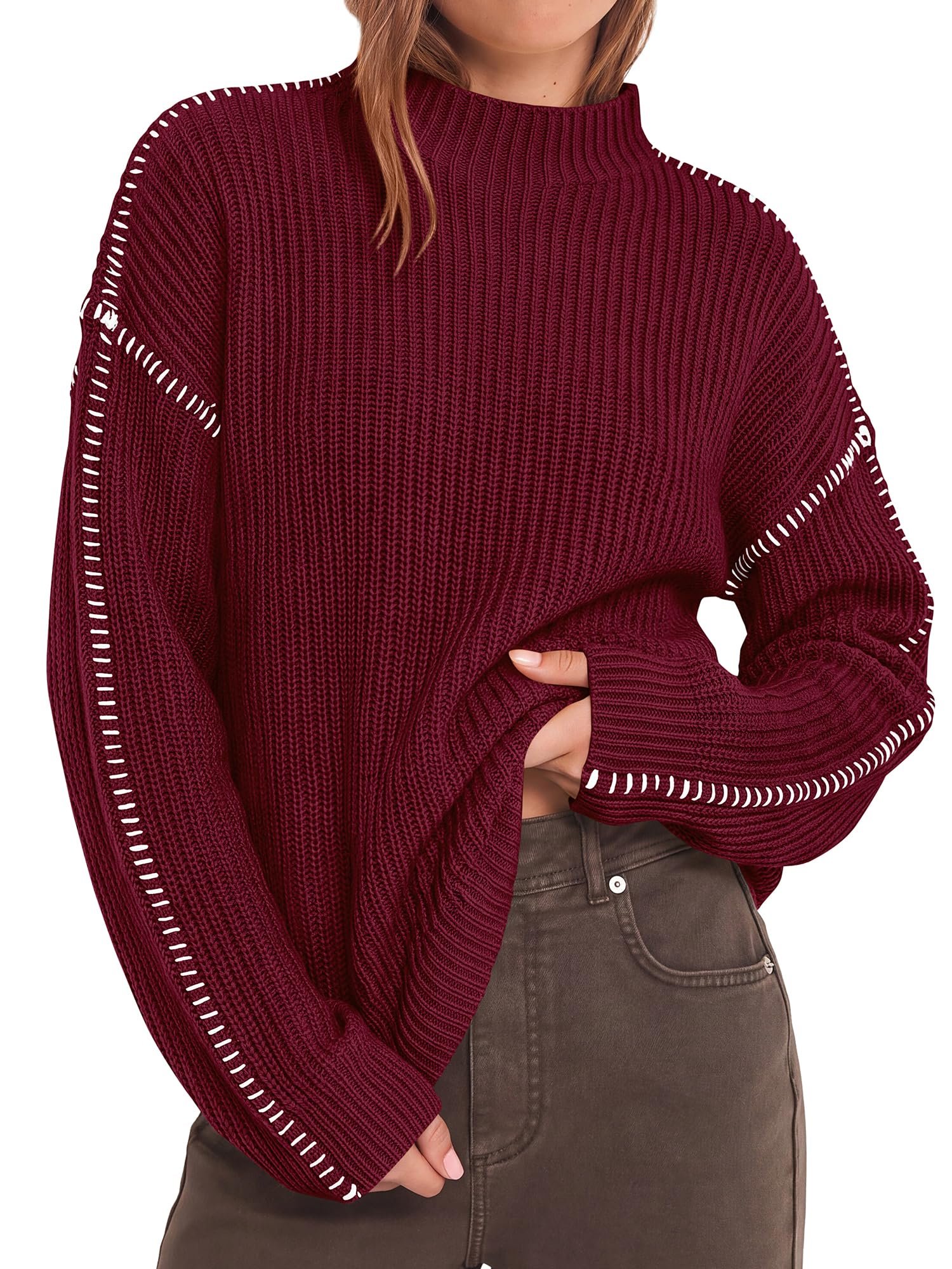 Black cargo pants, zip pockets on both thighs — Btfbm Oversized Sweaters for Women Fall 2026 Contrast Chunky Knit Sweater