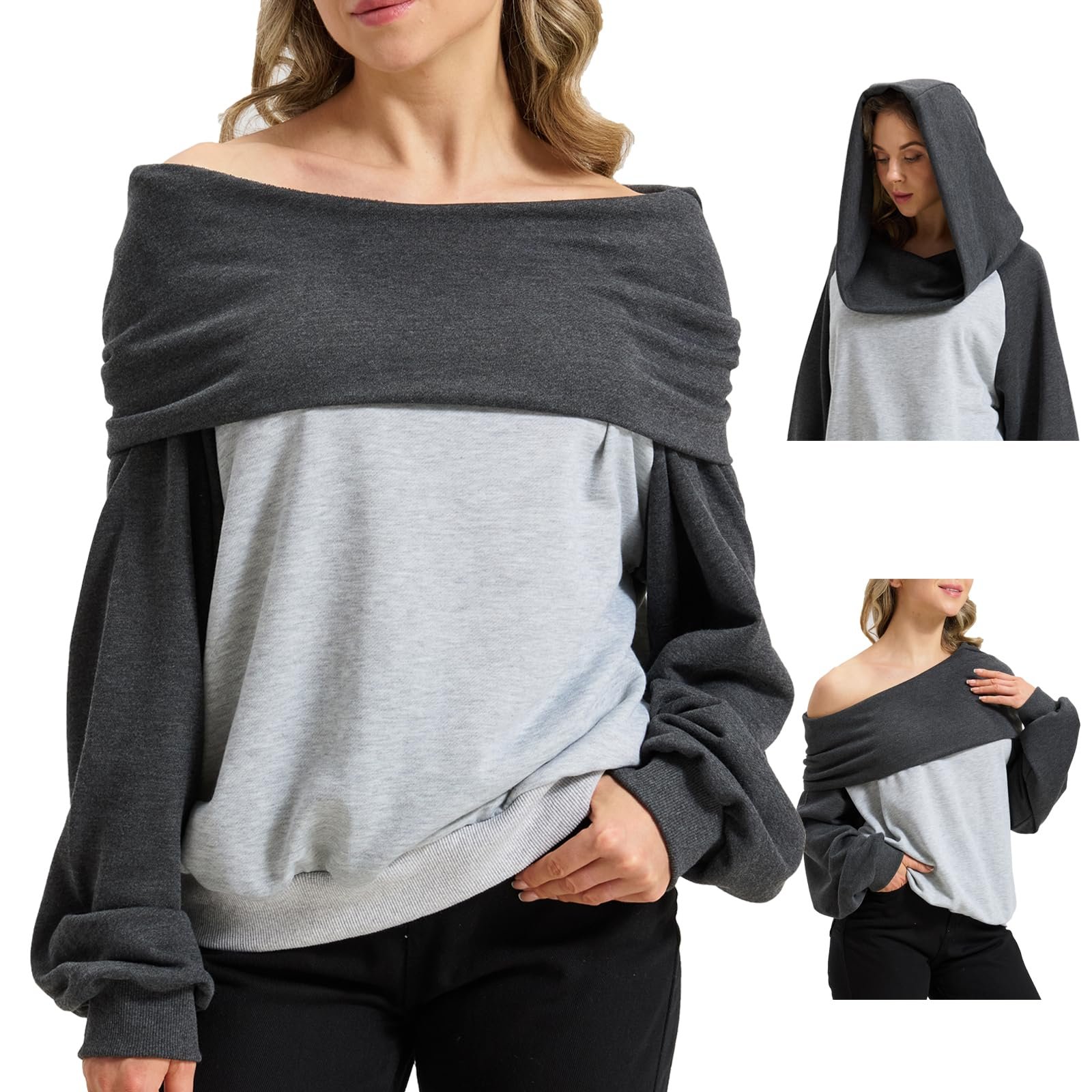 Gray and charcoal hoodie over red biker shorts — Eocicvvi Women 2-in-1 Convertible Hoodie Off Shoulder Slant Sweatshirt