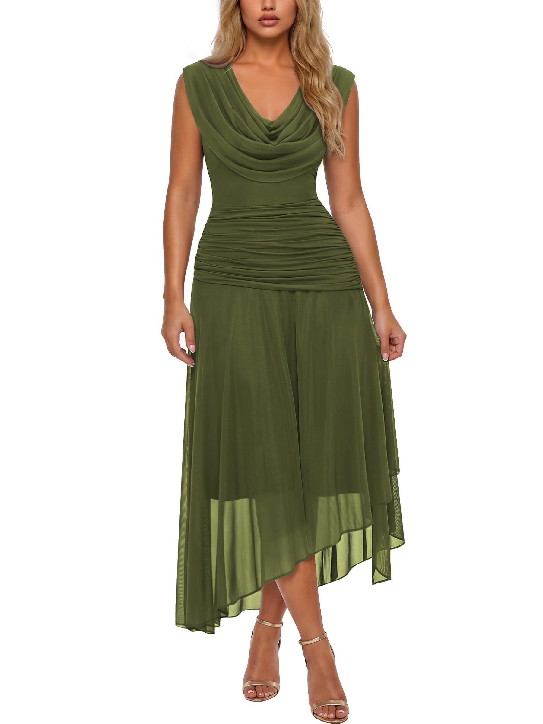 Cowl draping stacked at the front of the green dress — Aisize Women's Mesh Cowl Neck Ruched Asymmetrical Cocktail Dress