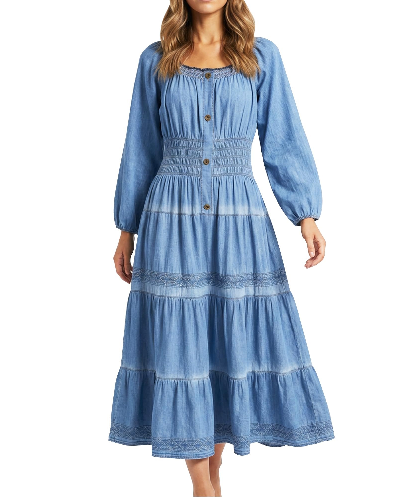 Tiered hem embroidery peeking at the bottom — Drefbufy Women Denim Dress Long Sleeve Square Neck Smocked Waist Tiered Denim Maxi Dress Casual Boho Jean Dress for Women