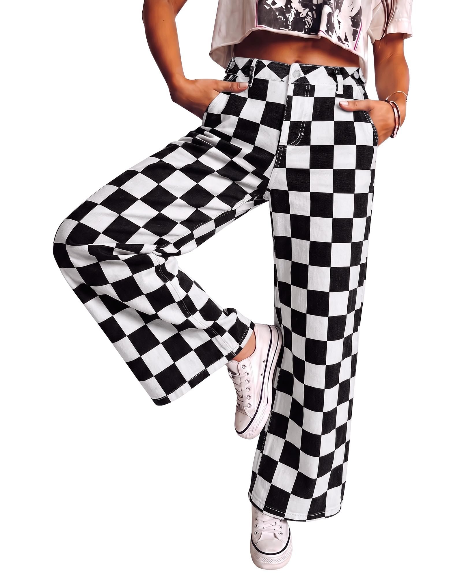 White henley buttons up top with bold checker below — Luvamia Checkered Pants Women High Rise Cinch-Waist Stretchy Wide Leg Jeans