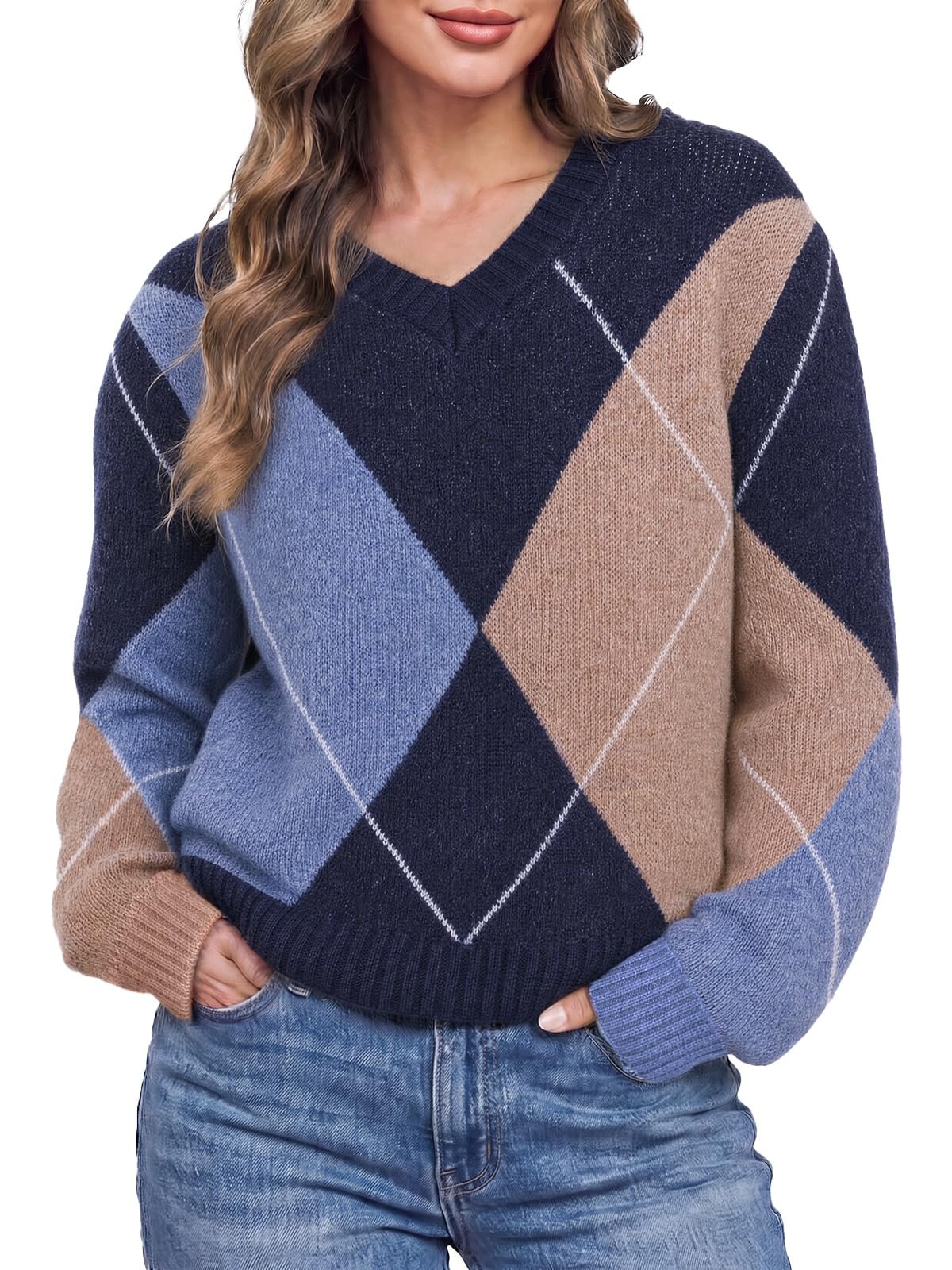 Brown leather mini sitting high on the waist — Cicy Bell Womens V Neck Argyle Sweaters Long Sleeve Knit Casual Pullovers