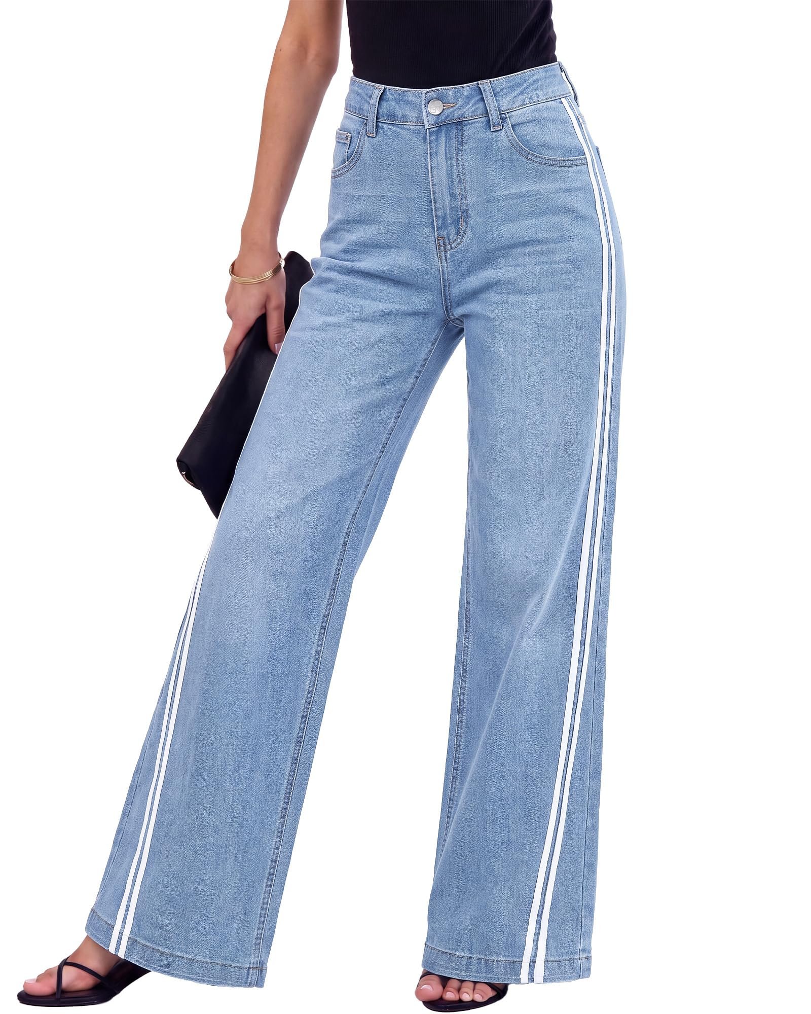 I wore Scoop-Neck Shirt; the day developed a personality — Grapent Wide Leg Jeans for Women High Rise Track Stripe Stretch Denim Pants