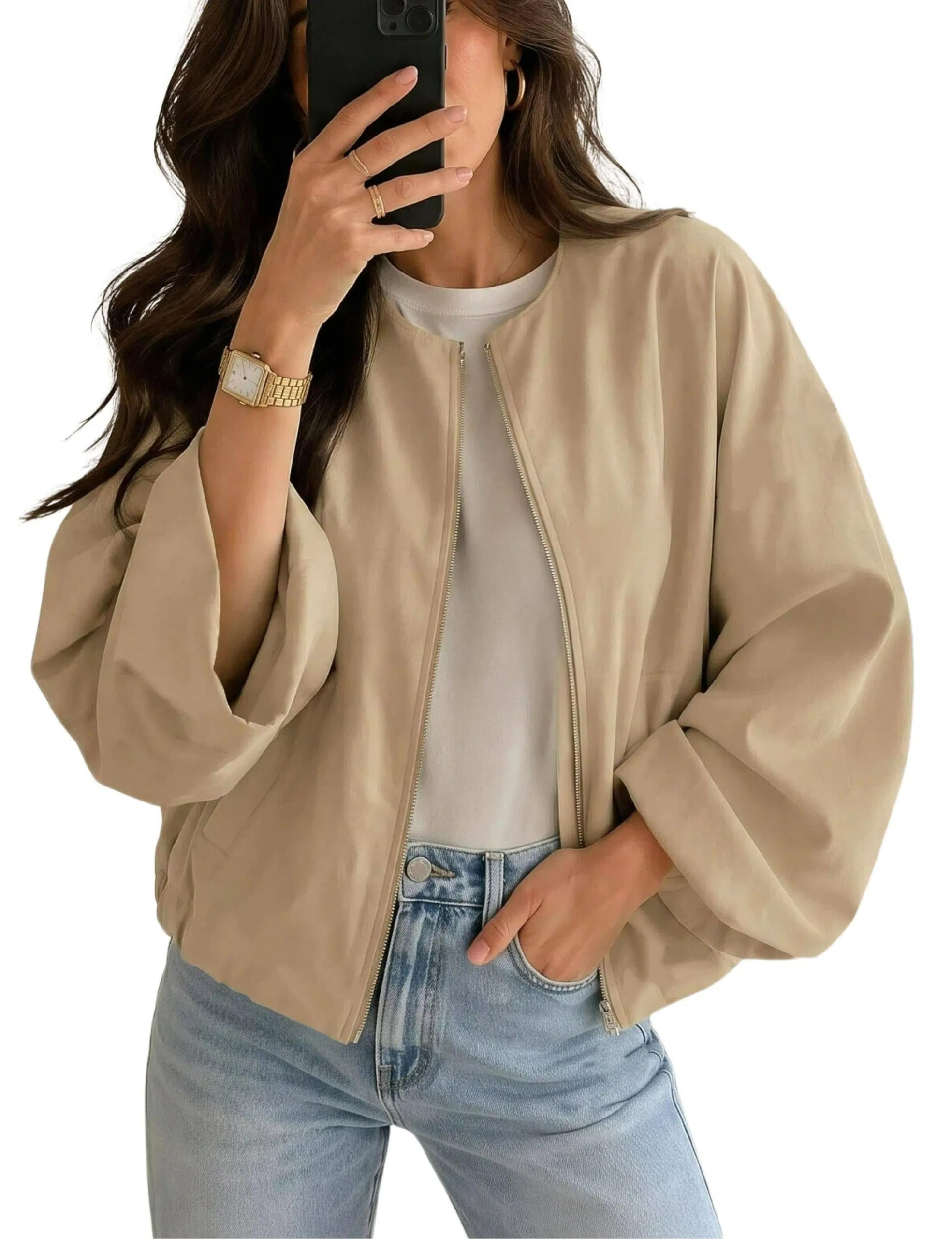 One errand, full fit check: Cropped Lightweight Jacket — Omoone Women Lightweight Bomber Jacket Crop Collarless Oversized Coat