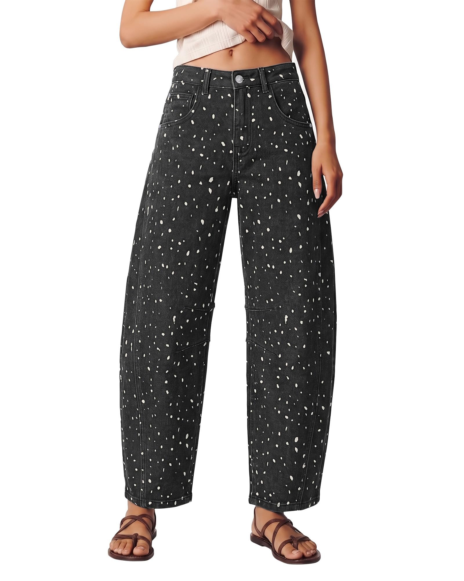 Art corner uniform — black crop, spotted barrel — Luvamia Barrel Jeans Women Deer Print High Waisted Patterned Denim Pants