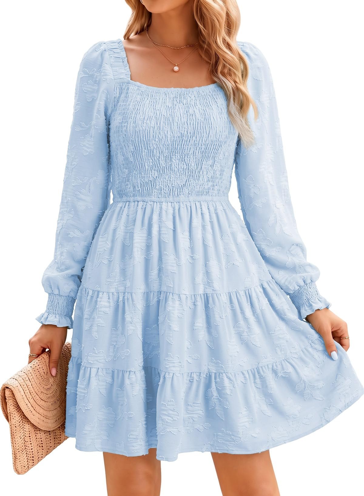 Light blue burnout floral on the tiered mini — Dokotoo Fall Dresses for Women 2026 Long Sleeve Square Neck Smocked Casual Tiered Floral Burnout Swing Mini Dress Sundress