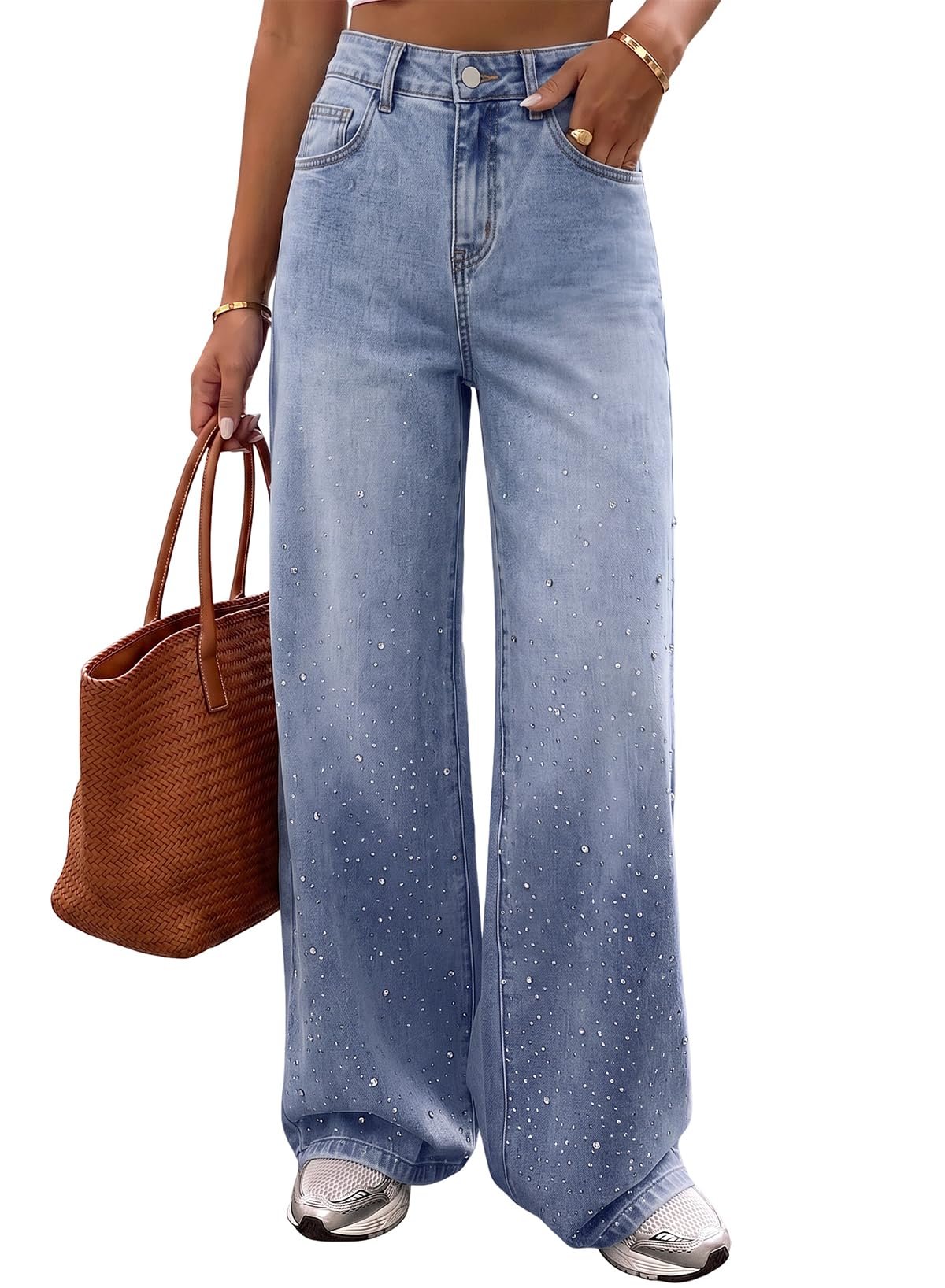 Cowl neck folding into a soft drape — Dokotoo Womens Jeans Stretchy Wide Leg Jeans Rhinestone Trendy Denim Pants