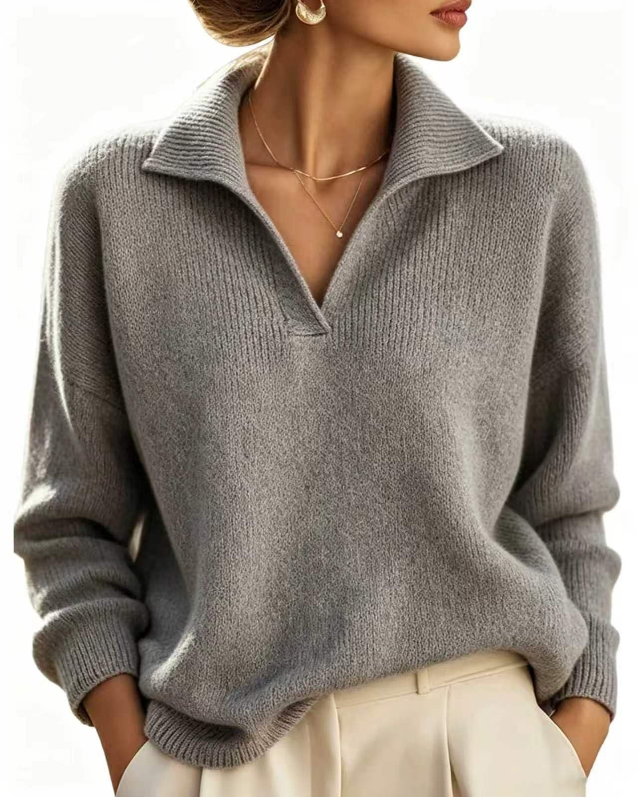 Top changed the energy of this look — Zilaiye Polo V Neck Sweater for Women Long Sleeve Collared Knit Pullover