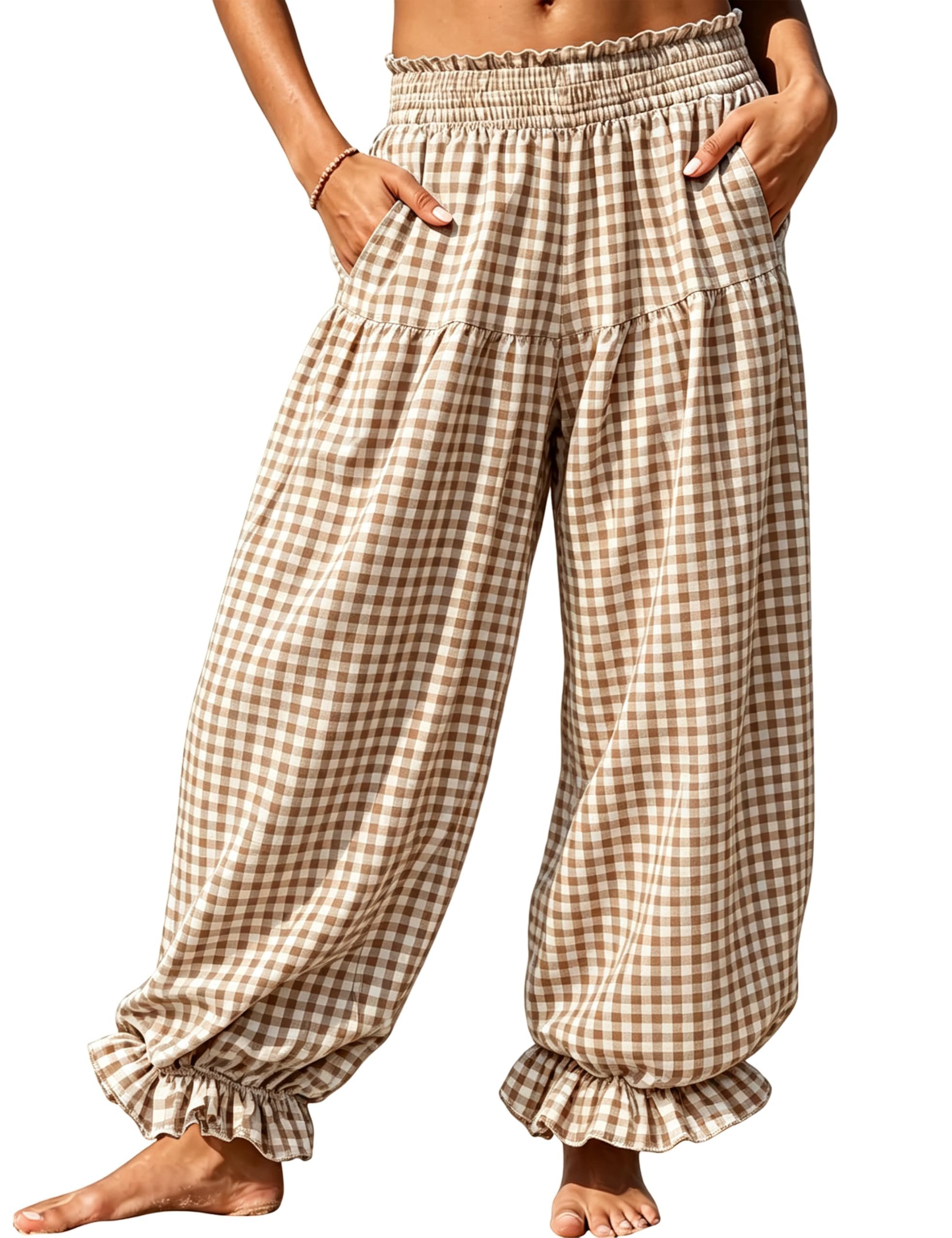 Ruffle hems cinching the wide balloon legs — Uatkimi Women Gingham Balloon Pants Cotton High Rise Lounge Trousers