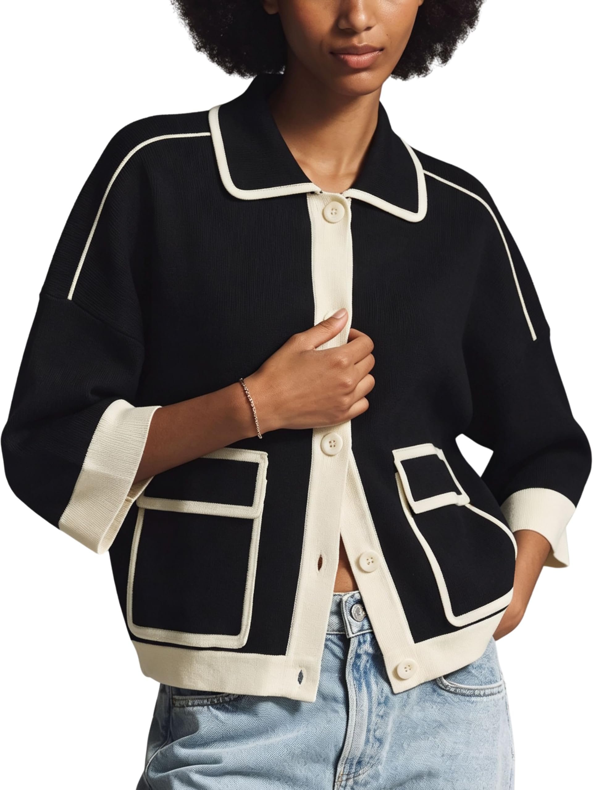 Polo collar sitting flat in cream piping — Minsure Women 3/4 Sleeve Collared Contrast Knit Cardigan Jacket with Flap Pockets