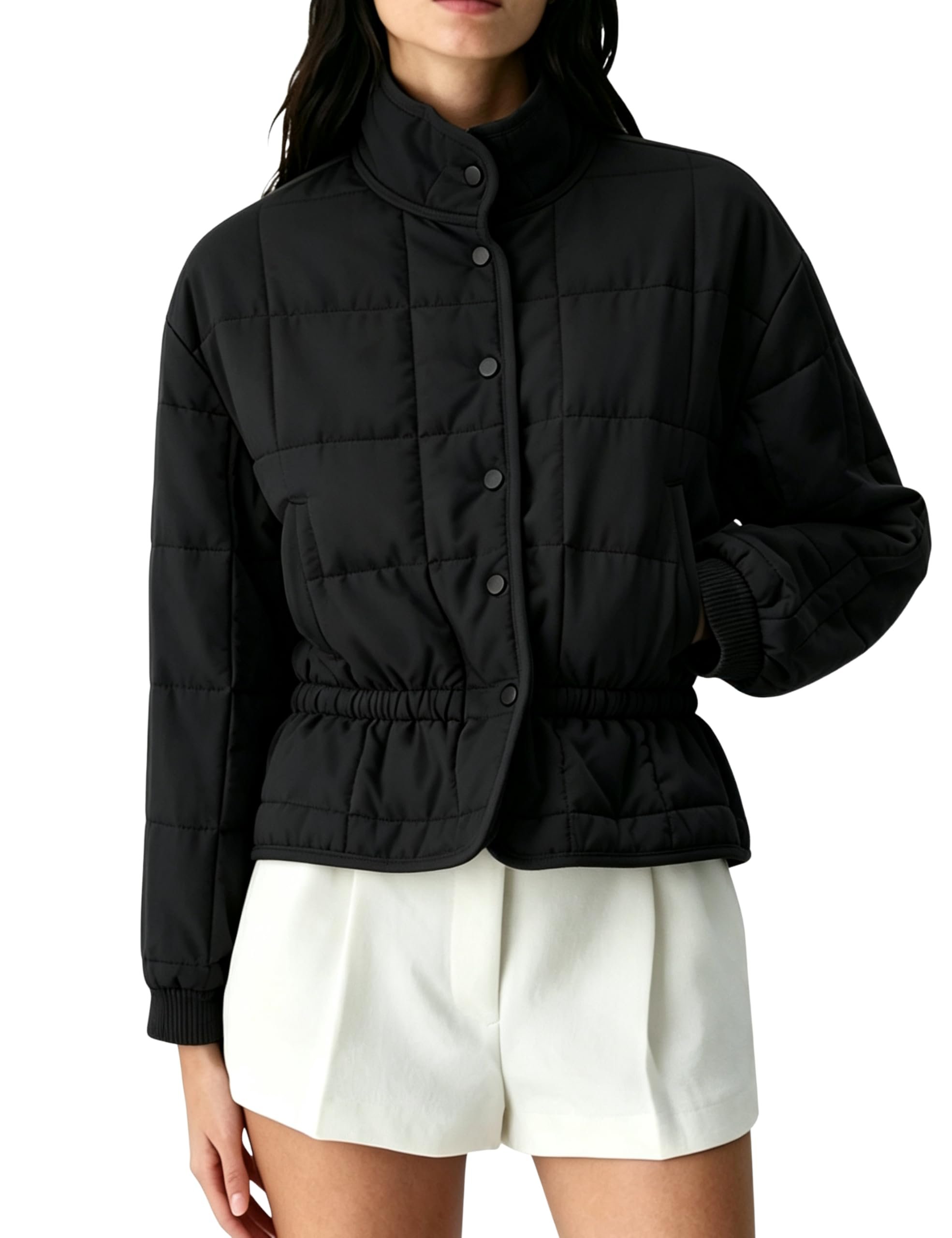 Smocked ruffles stacked high in royal blue — Hongsui Women's Lightweight Quilted Puffer Jacket Button Down Waist Tight Coat Fall Winter Outerwear