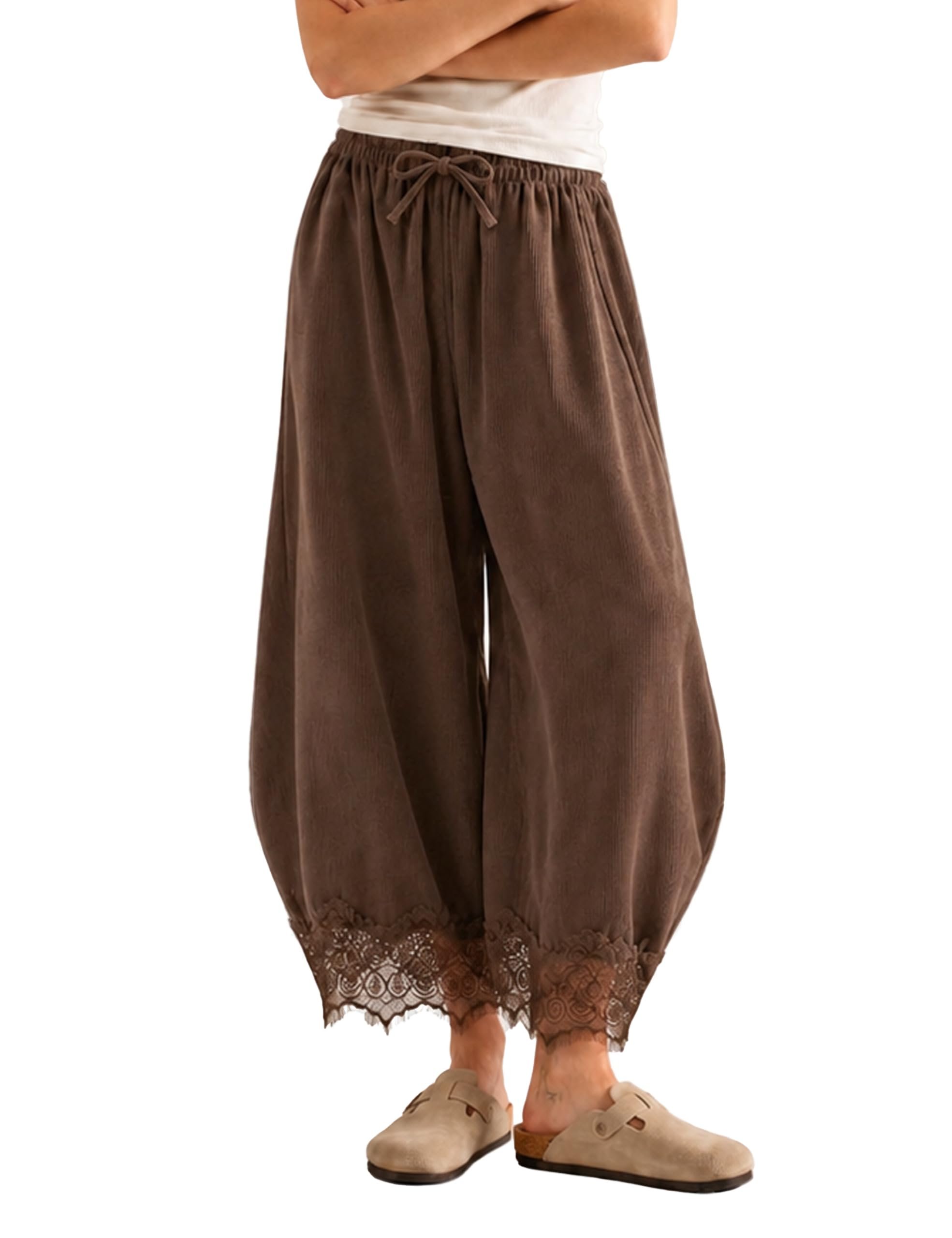 Black tee, but read the fine print — Minsure Women's Corduroy Wide Leg Drawstring Waist Lace Hem Pants