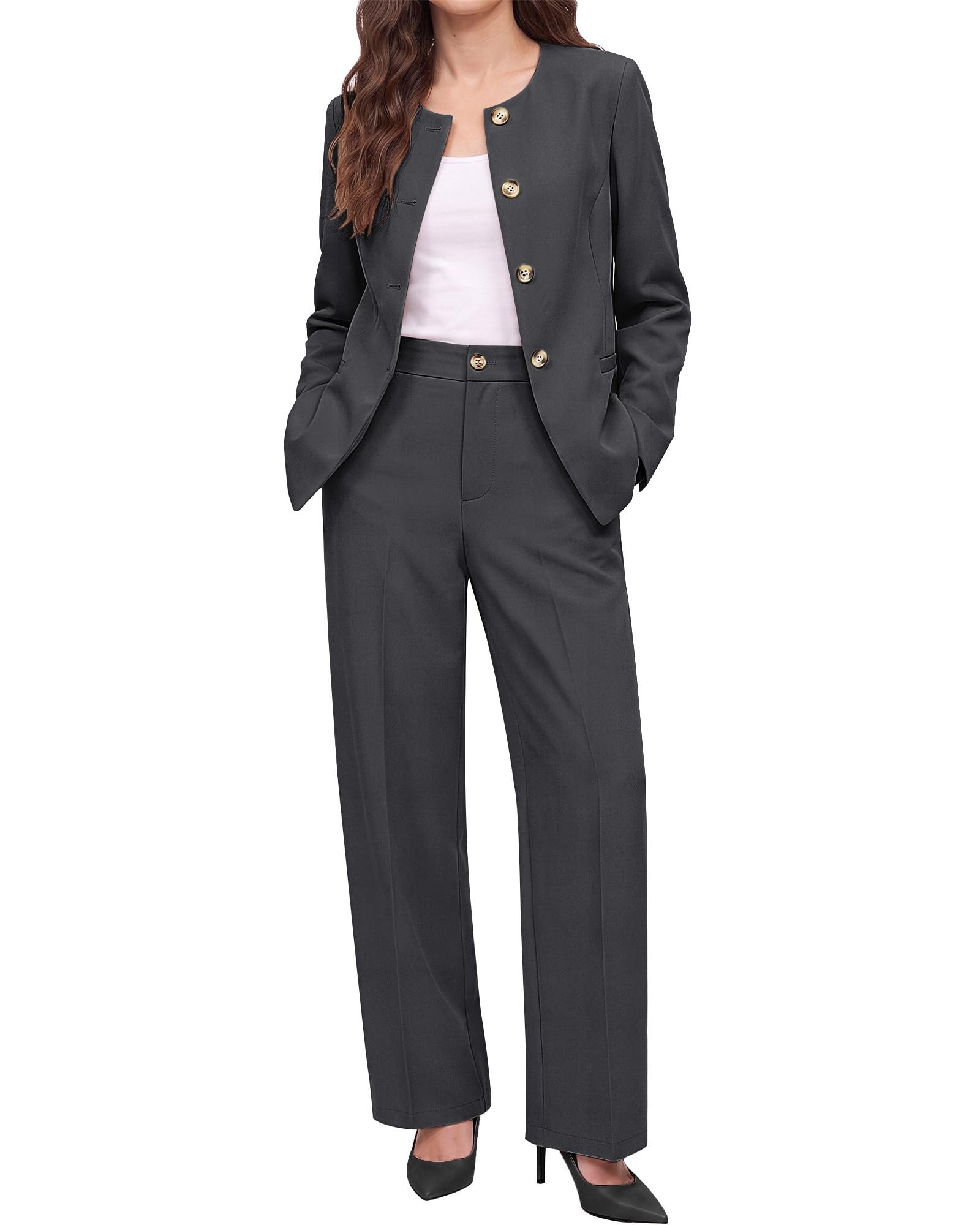 Charcoal blazer showing four gold buttons in a row — Luvamia Pants Suits for Women Dressy 2 Piece Sets Business Casual Outfits