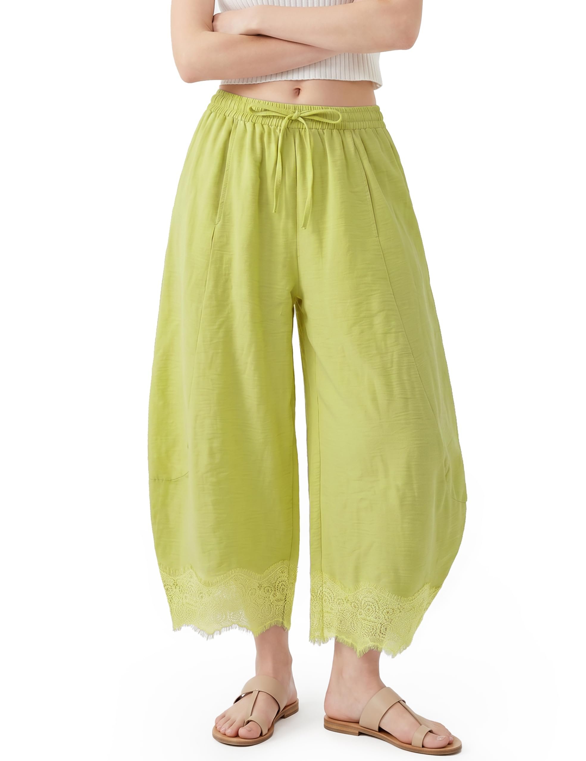 Lace scallop finishing the lime cropped hem — Nexxion Women's Lace Trim Pant Wide Leg Cropped Lace Hem Pant with Pockets