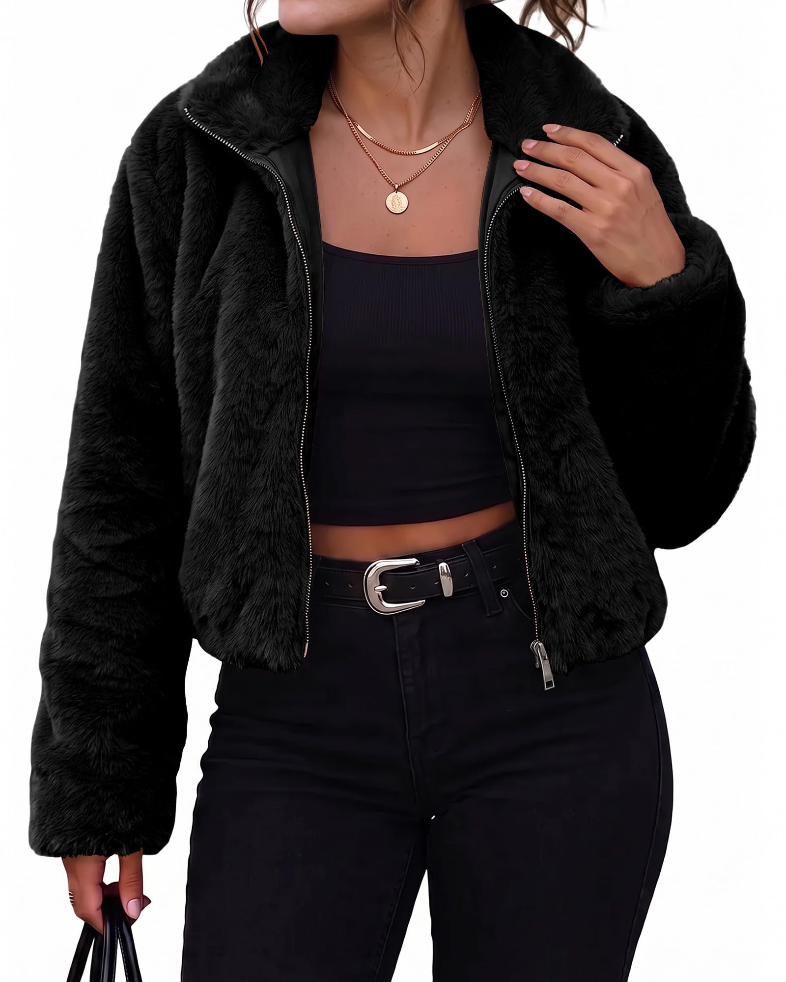 Fuzzy charcoal jacket and that white tank underneath — Luvamia Faux Fur Jackets for Women Fall Cropped Coat Fuzzy Winter Outerwear