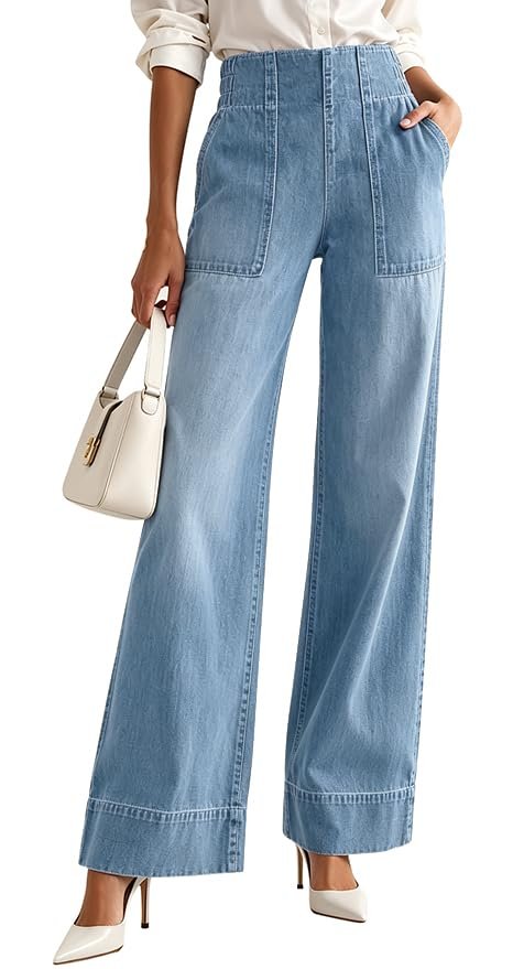 Walking back to show the full jean hem cuff — Hungson Women's Wide Leg Jeans Soft Baggy Low Mid Rise Elastic Waist Pull On Denim Pants Trendy Y2k