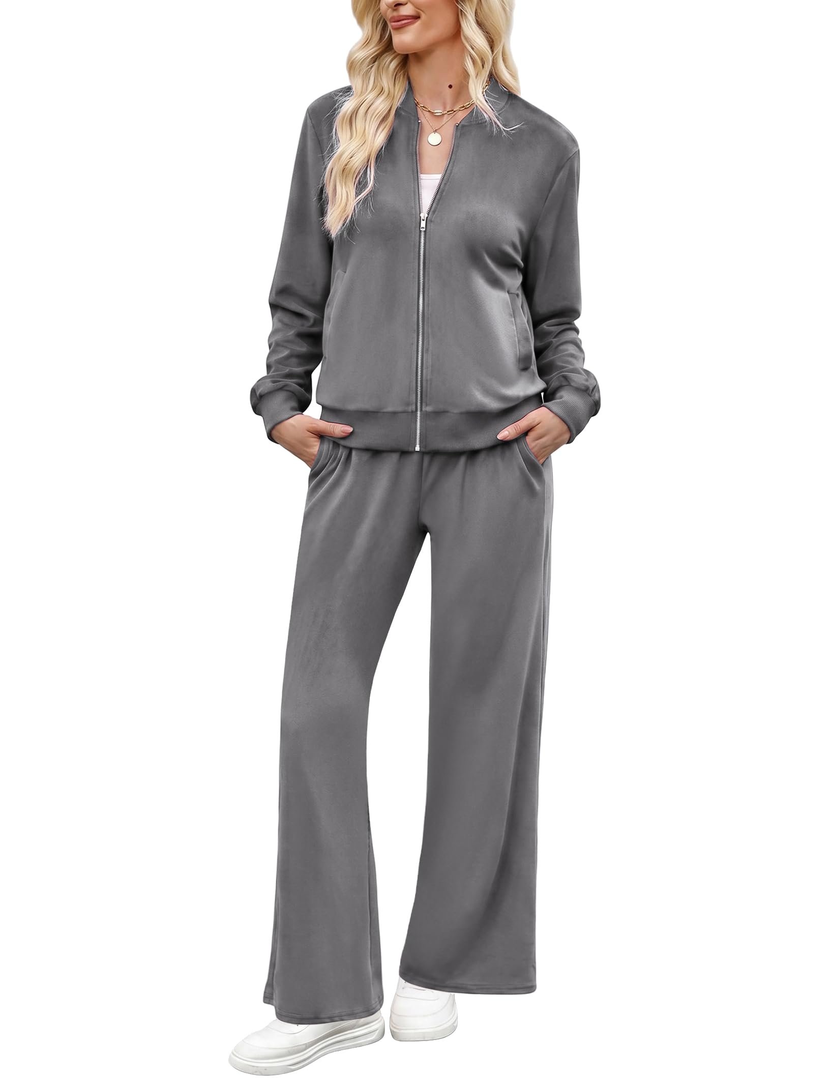 Pockets at the hips of the gray bomber set — Marvmys Women's Velour Tracksuit Set 2 Piece Outfits Velvet Sweatsuit Set