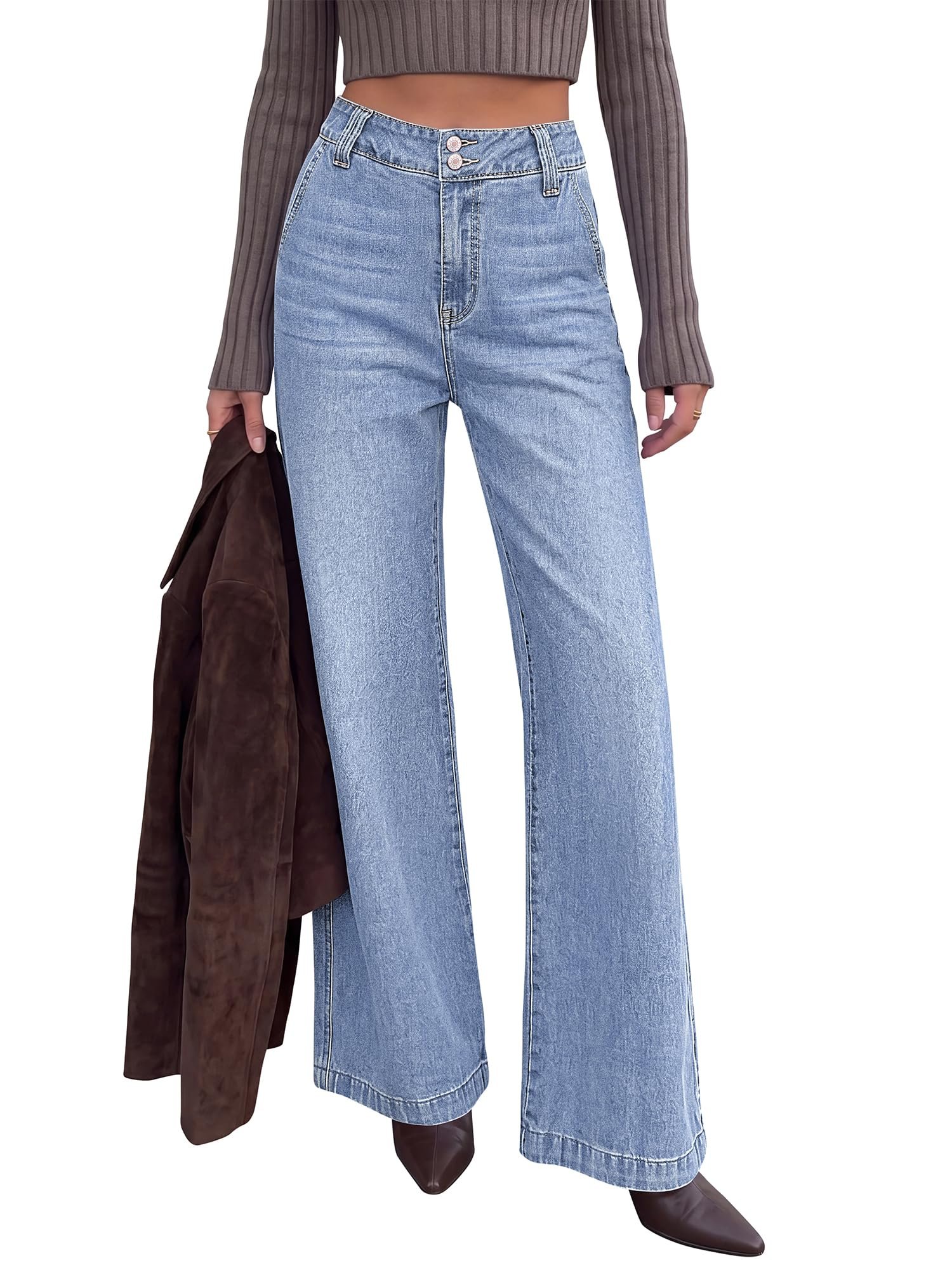Navy open cardigan with shawl collar and patch pockets — Kirundo Wide Leg Jeans for Women High Waisted Denim Pants