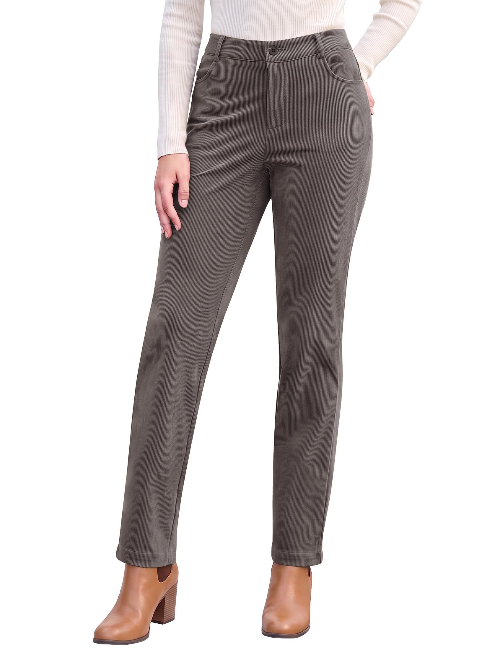 Tan heeled boots peeking under cropped corduroy — Vetinee Corduroy Pants for Women Elastic High Waisted Straight Leg Trousers