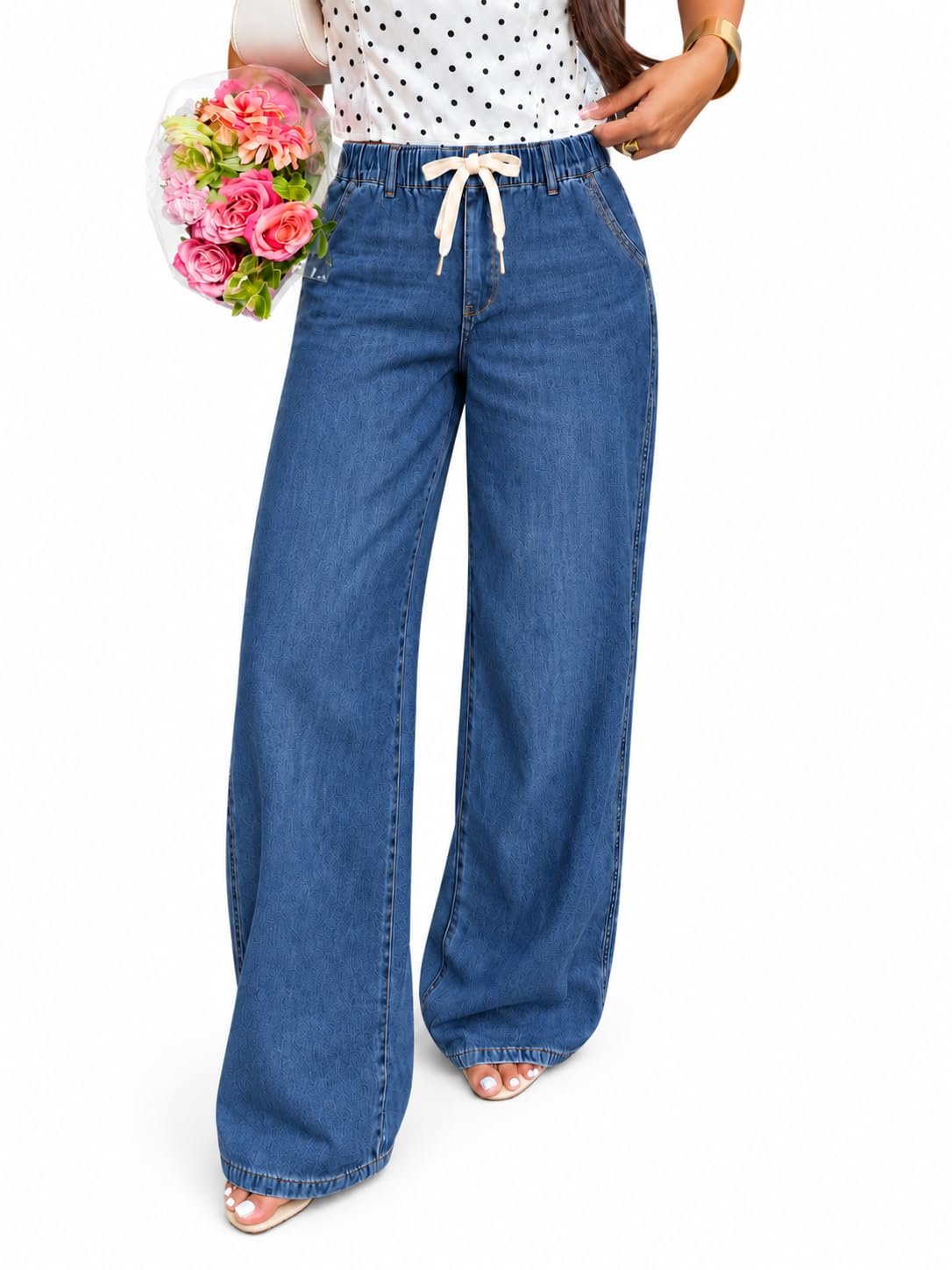 Cream drawstring bow on the wide denim — Lehrform Women's Drawstring Wide Leg Jeans, Non-Stretch Cotton Denim Pants