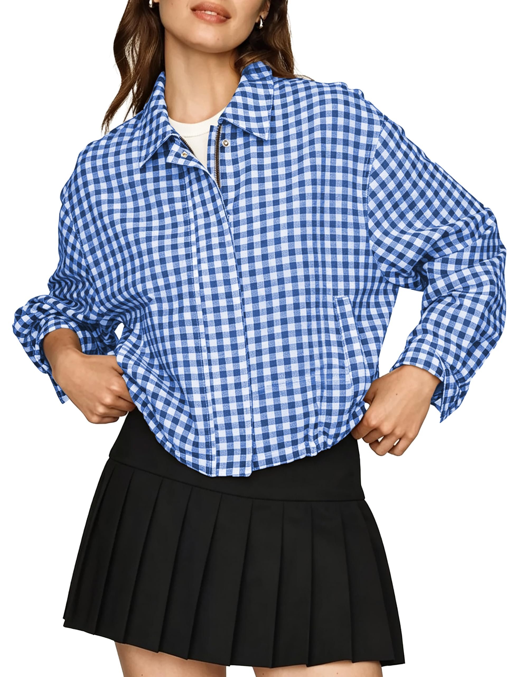 Silver zipper glinting against the blue checks — Vateami Women's Gingham Bomber Jacket Oversized Long Sleeve Cropped Coat