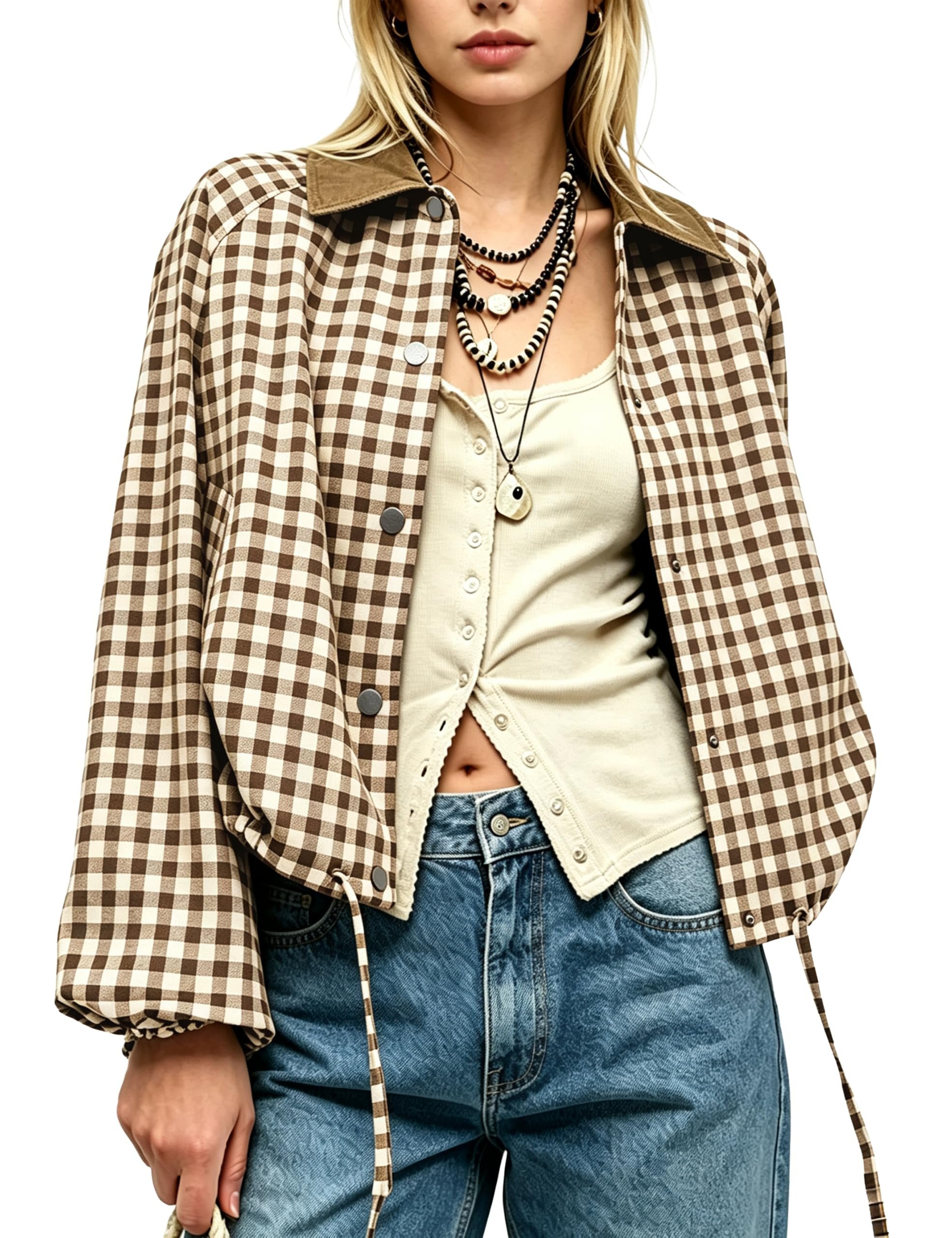 Brown corduroy collar on the gingham shacket — Riatour Women Gingham Jacket Corduroy Collar Shacket