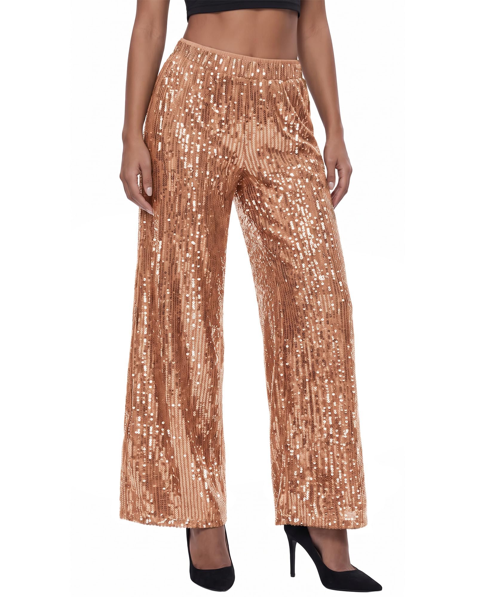 Rose gold sequins catching light down the palazzo — Sohita Women's Sequin Sparkle Wide Leg Pants High Waist Disco Pants