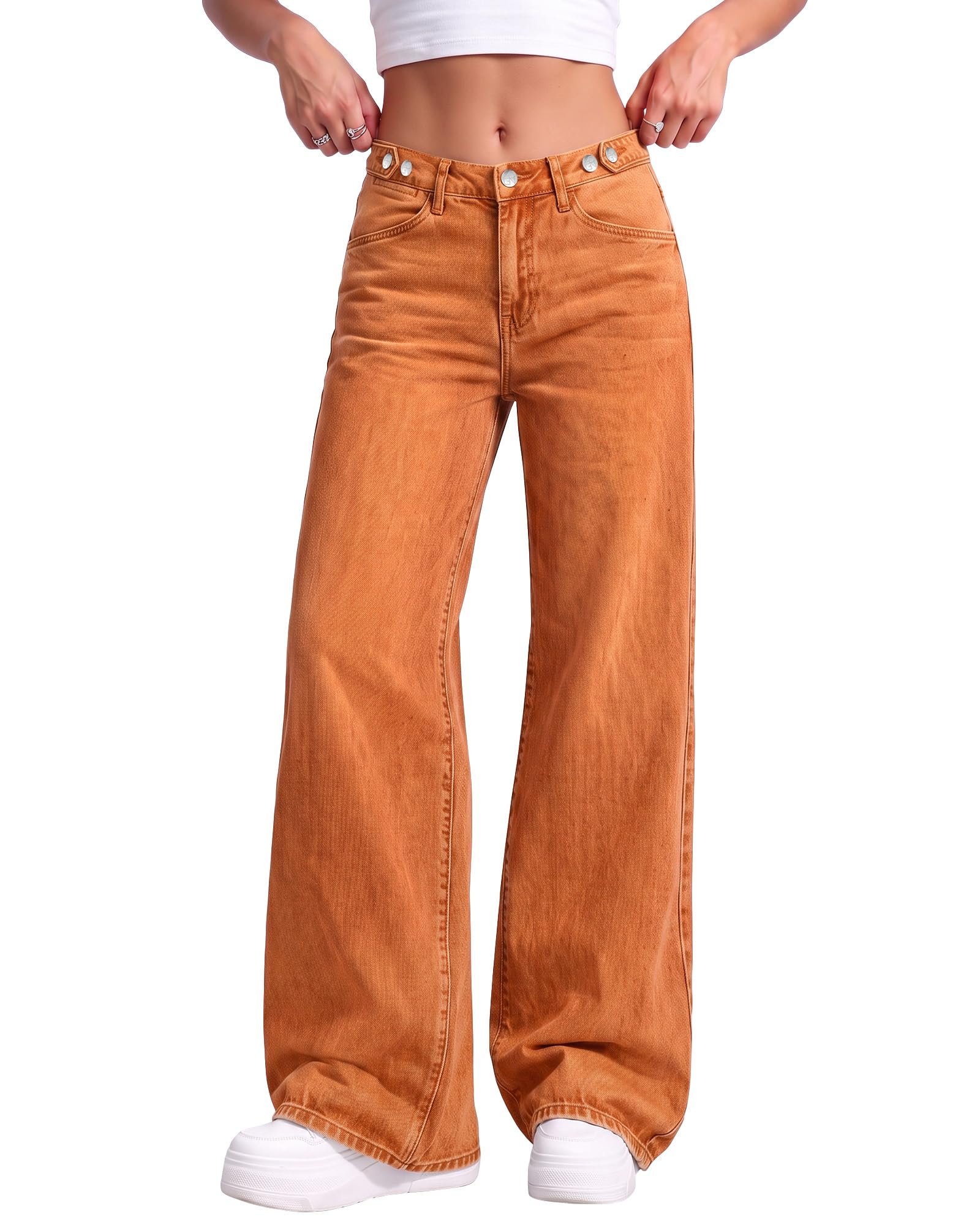 Colorblock fleece mixing navy, orange, pink and green — Utyful Baggy Jeans for Women High Rise Wide Leg Cinched Waist Denim Pants