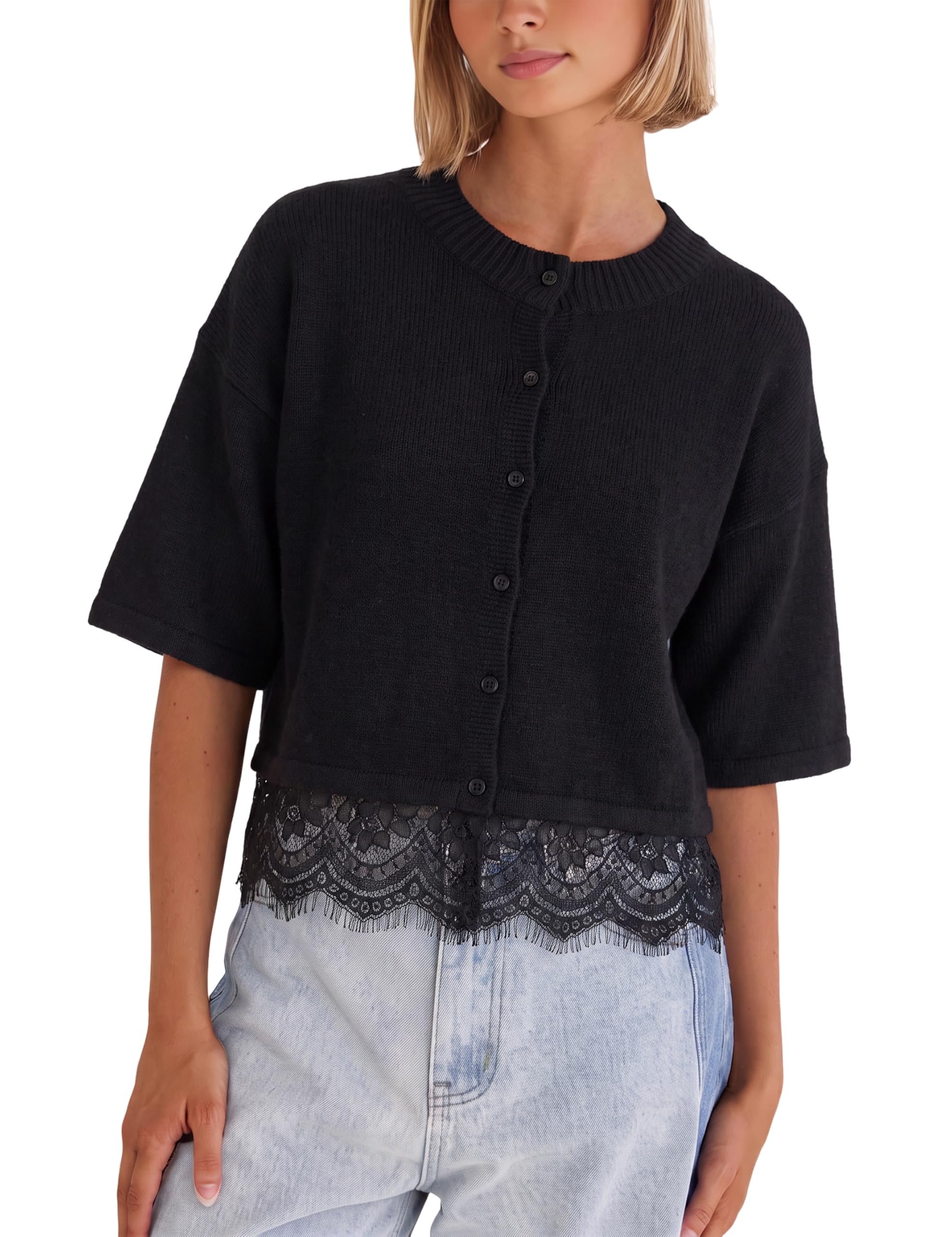 Handkerchief points falling at different lengths — Yidarer Women Short Sleeve Cropped Cardigan Lace Hem Knit Sweater
