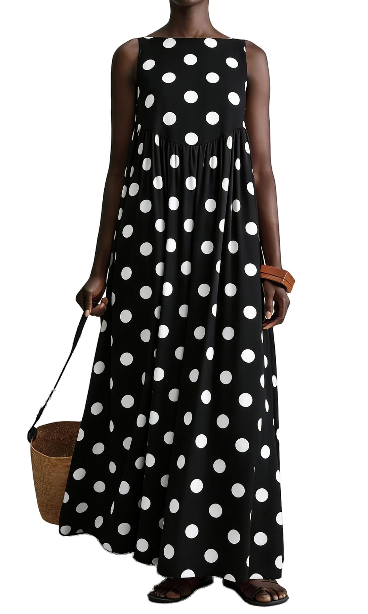 Polka dots before my first chore — Aiwufly Women Oversized Polka Dot Sleeveless Maxi Dress