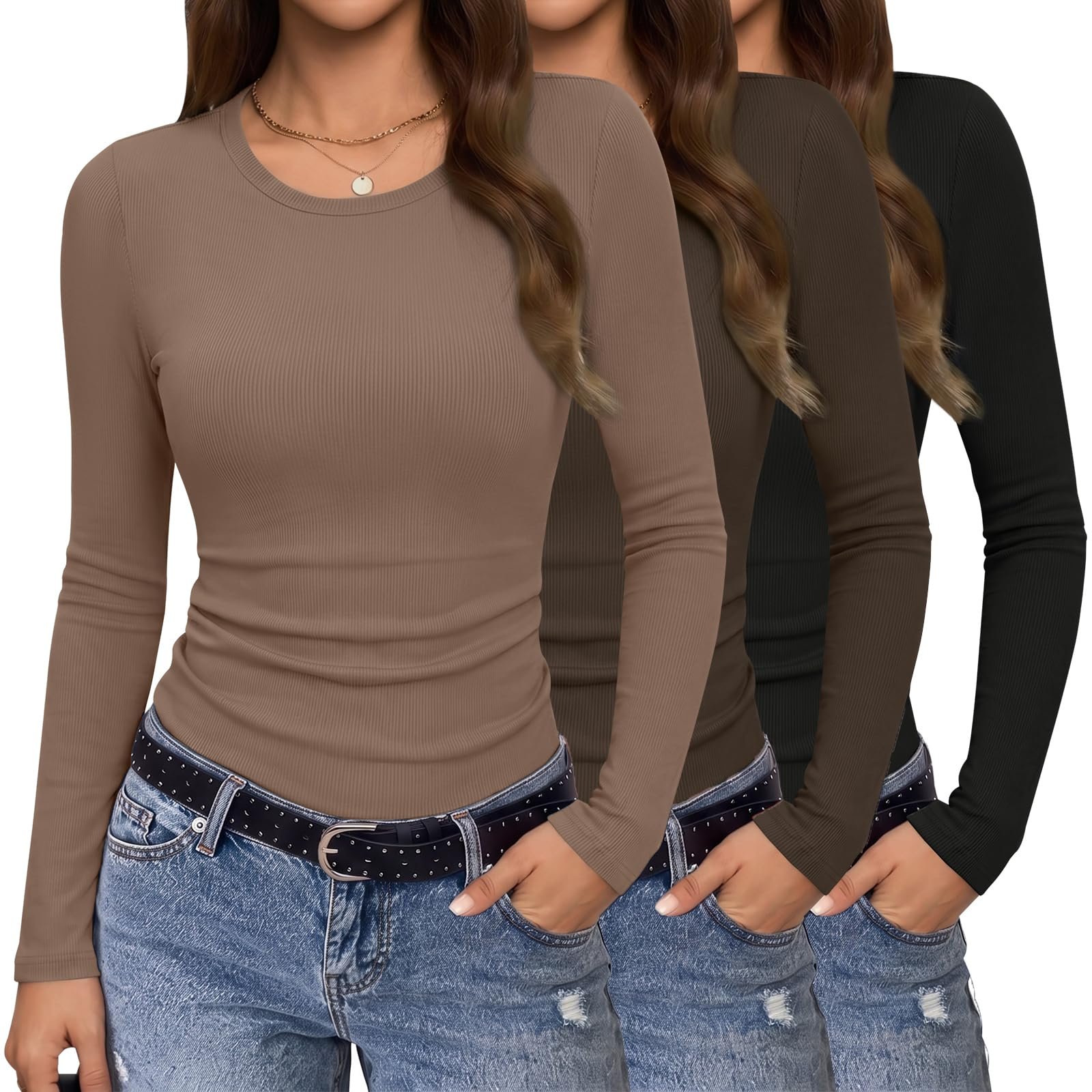 My burgundy midi flares from the elastic smocked waist — Popclub 3 Packs Womens Long Sleeve Shirts Ribbed Layering Tops Basic Tee
