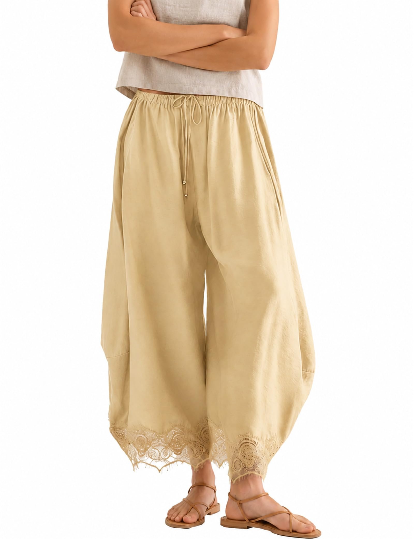 Beige balloon pants with lace at the hem — Funtour Womens Cropped Wide Leg Pants Drawstring Elastic Waist Lace Trim Boho Pants