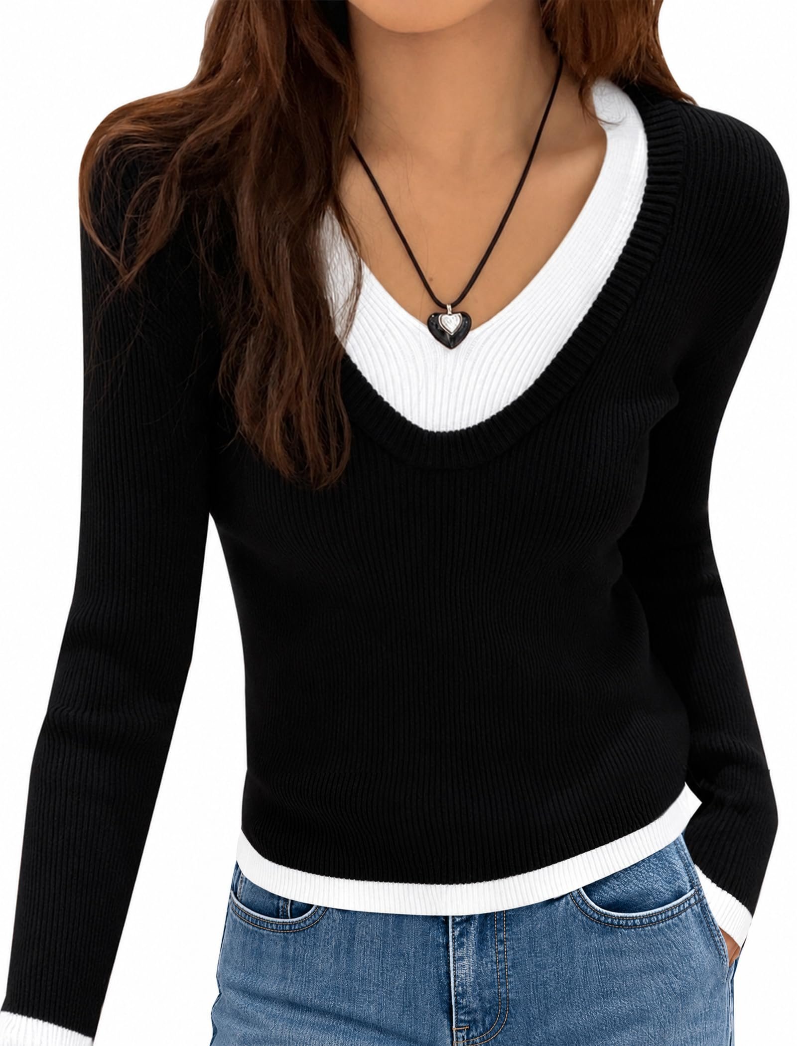 I wore Top; the day developed a personality — FireSwan Womens Trendy V Neck Sweaters Fall Long Sleeve Slim Fit Pullover