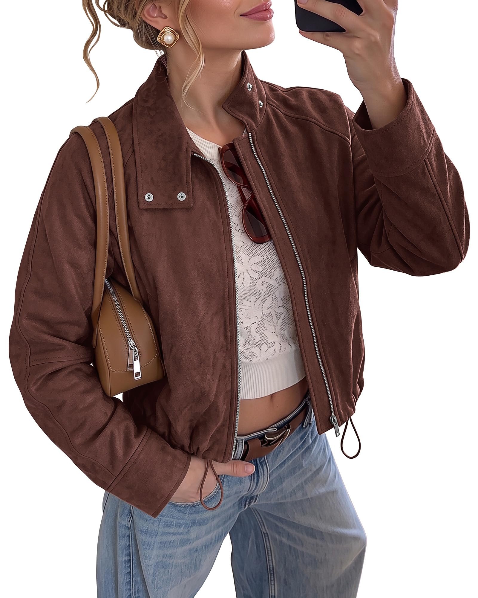 Partly cloudy, fully styled in Cropped Jacket — Luvamia Faux Suede Jackets Women Oversized Cropped Funnel Neck Zip Up Coats