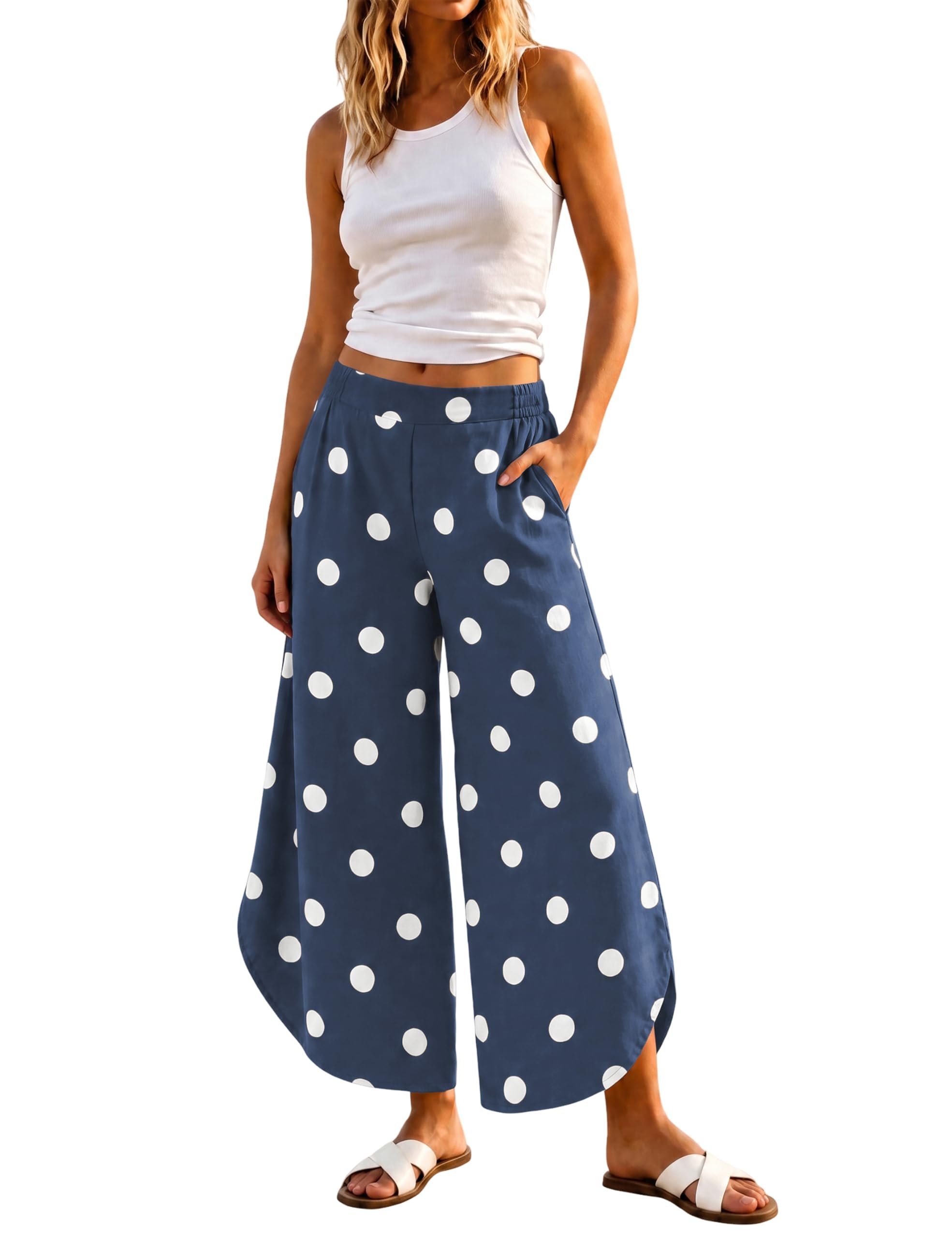 I wore Jacket; the day developed a personality — Uatkimi Women Polka Dot Wide Leg Pants Tulip Hem High Rise Trousers