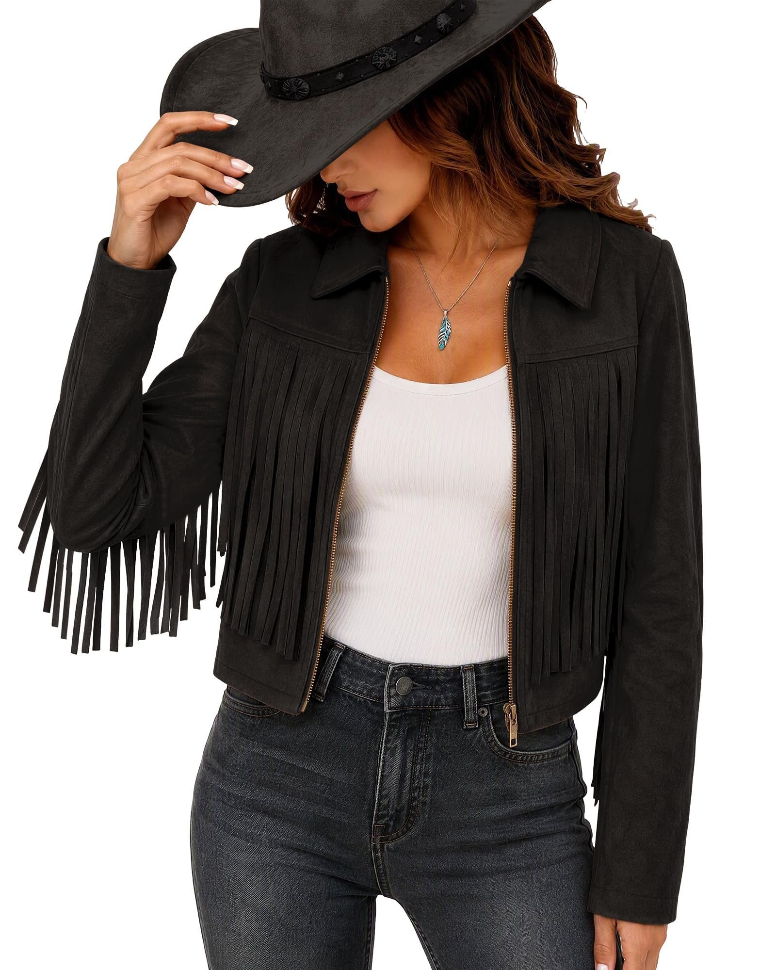 Gold zipper front layered above high waisted denim — UpFind Women's Faux Suede Fringe Jacket Fall Cropped Coats Cowgirl Outfits