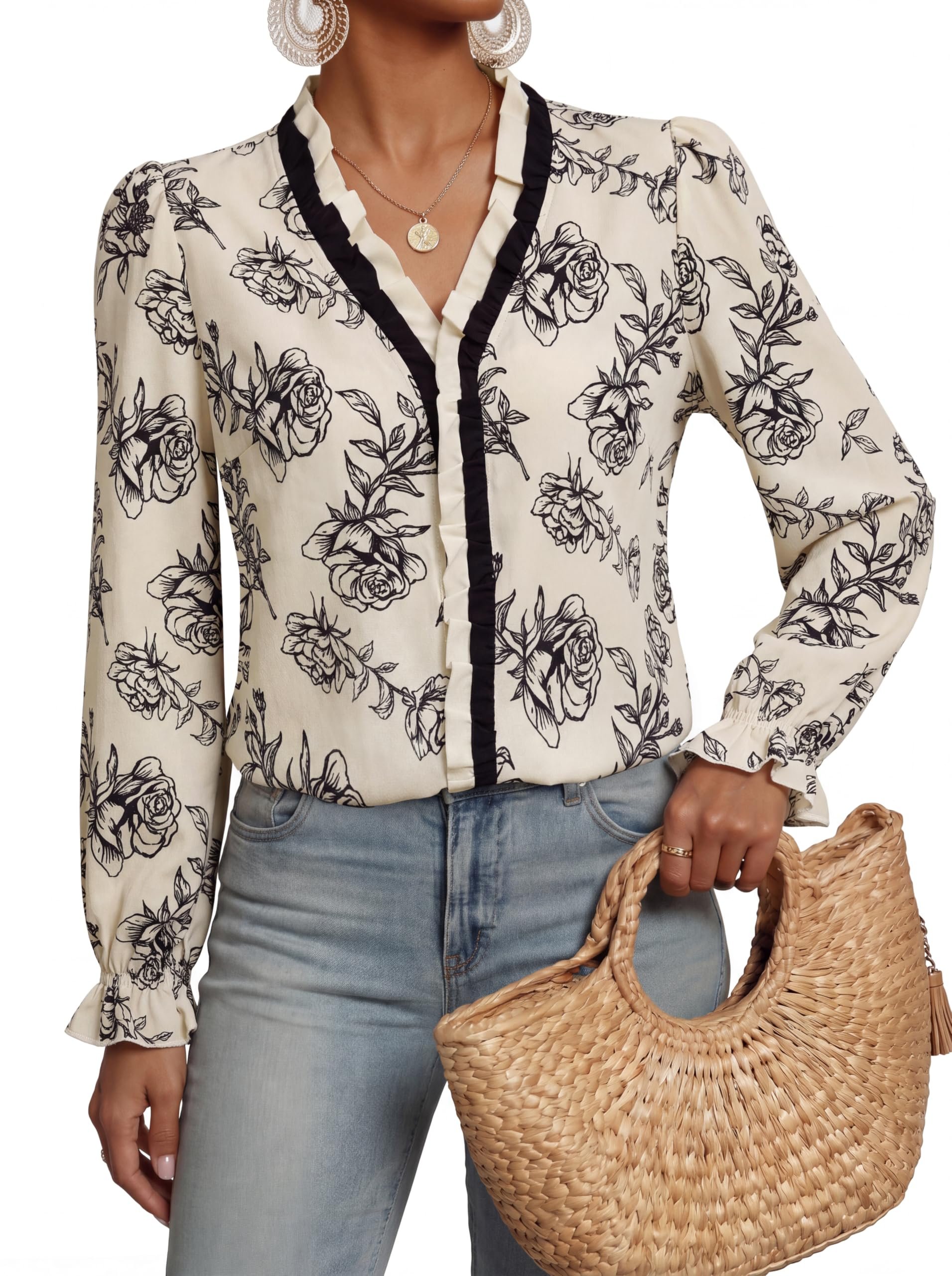 No front seam on the cobalt ankle leggings — Fayenne Women Boho Tops Floral Ruffle V Neck Long Sleeve Blouse Fall Casual