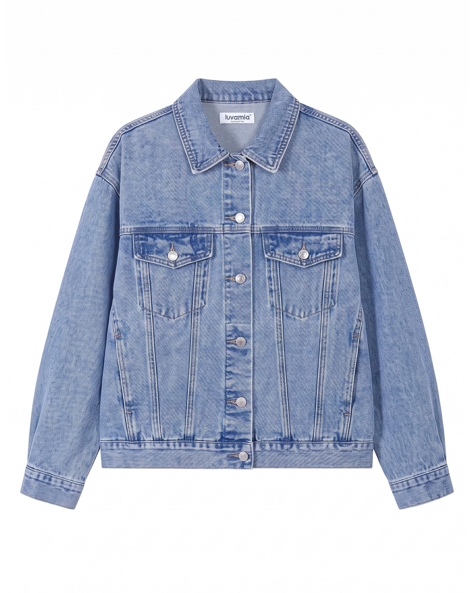 Chain belt looped through the denim skort waistband — Luvamia Jean Jacket Women Button Down Long Sleeve Oversized Denim Jackets