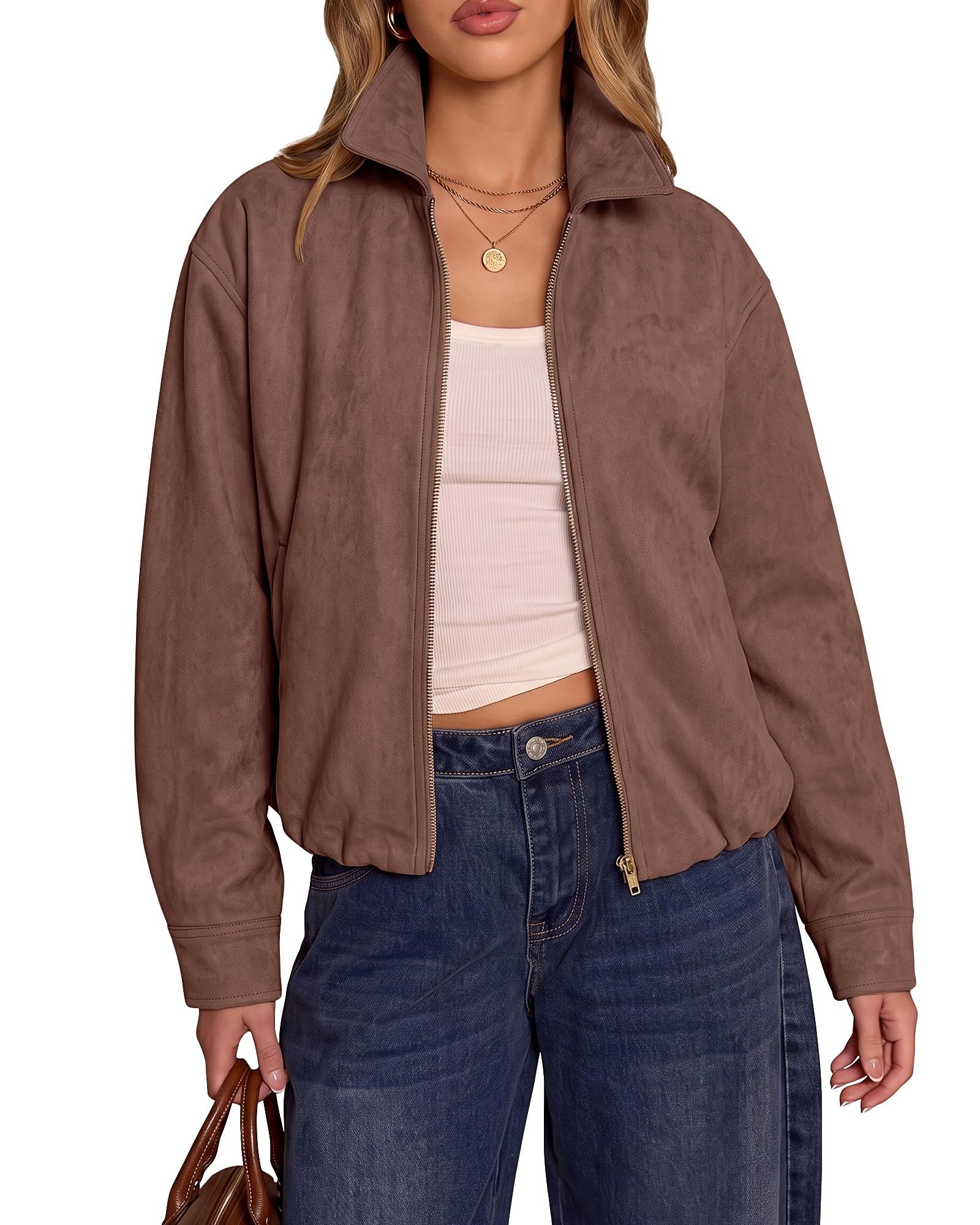 Mocha suede bomber zipped over the white crop — Luvamia Faux Suede Jackets for Women Oversized Fall Coats Cropped Outerwear