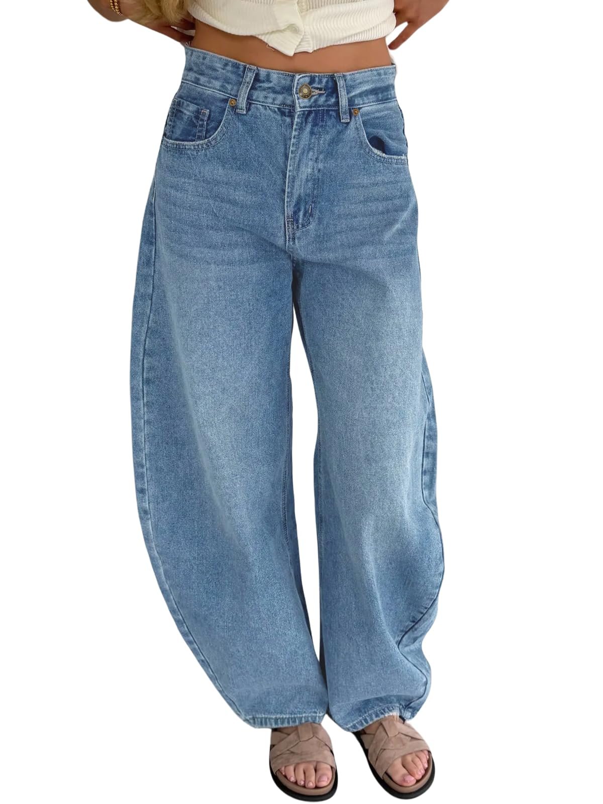 Light blue barrel jeans cut with a curved outer seam — Tankaneo Women High Waisted Barrel Jeans Wide Leg Loose Fit Denim Pants
