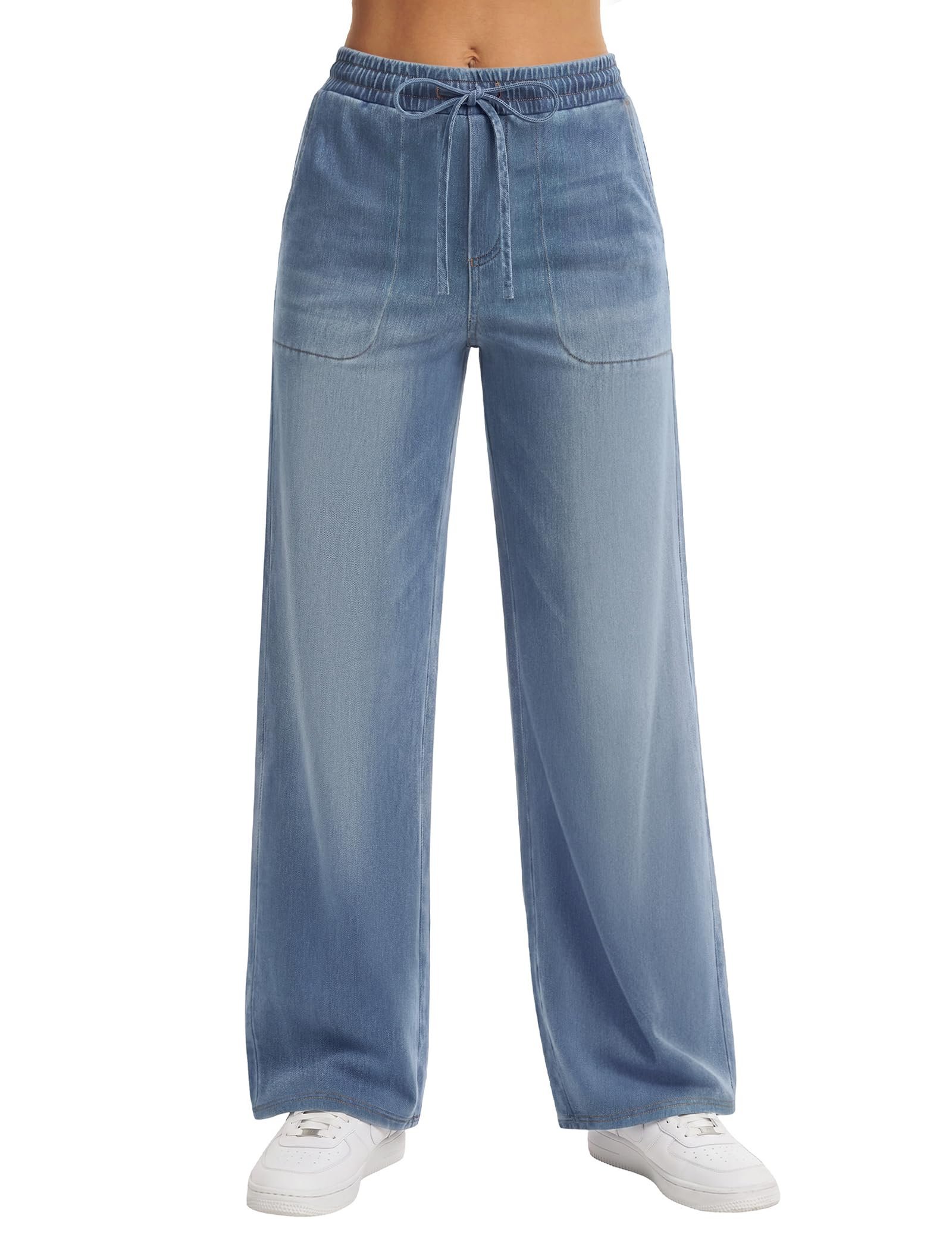 Wide legs, short sleeves, no committee — FireSwan Womens Wide Leg Jeans Trendy High Waisted Drawstring Denim Pants