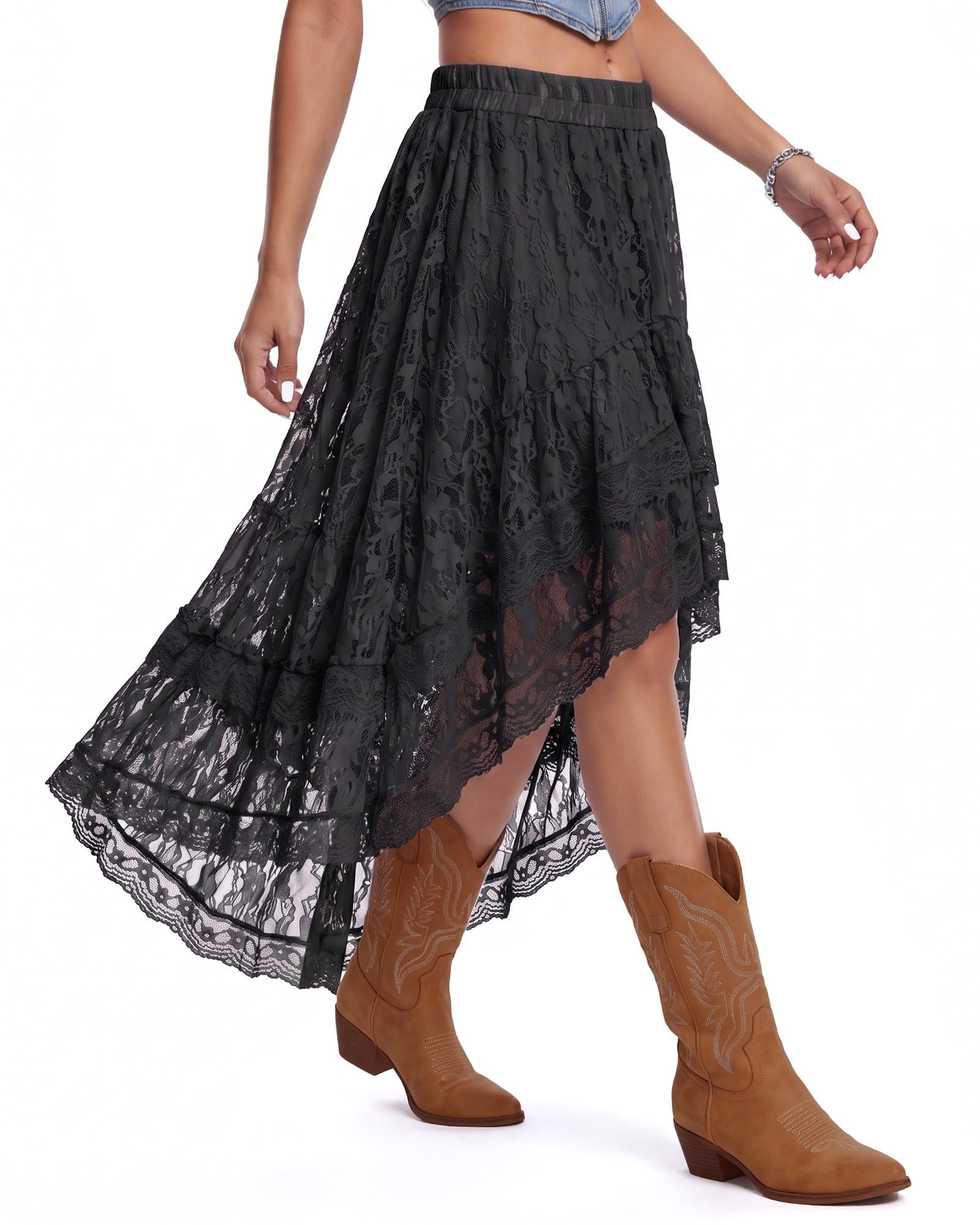 This high-low lace skirt does the asymmetrical thing — UpFind Western Skirt for Women Lace Asymmetrical Ruffle Hem Tiered