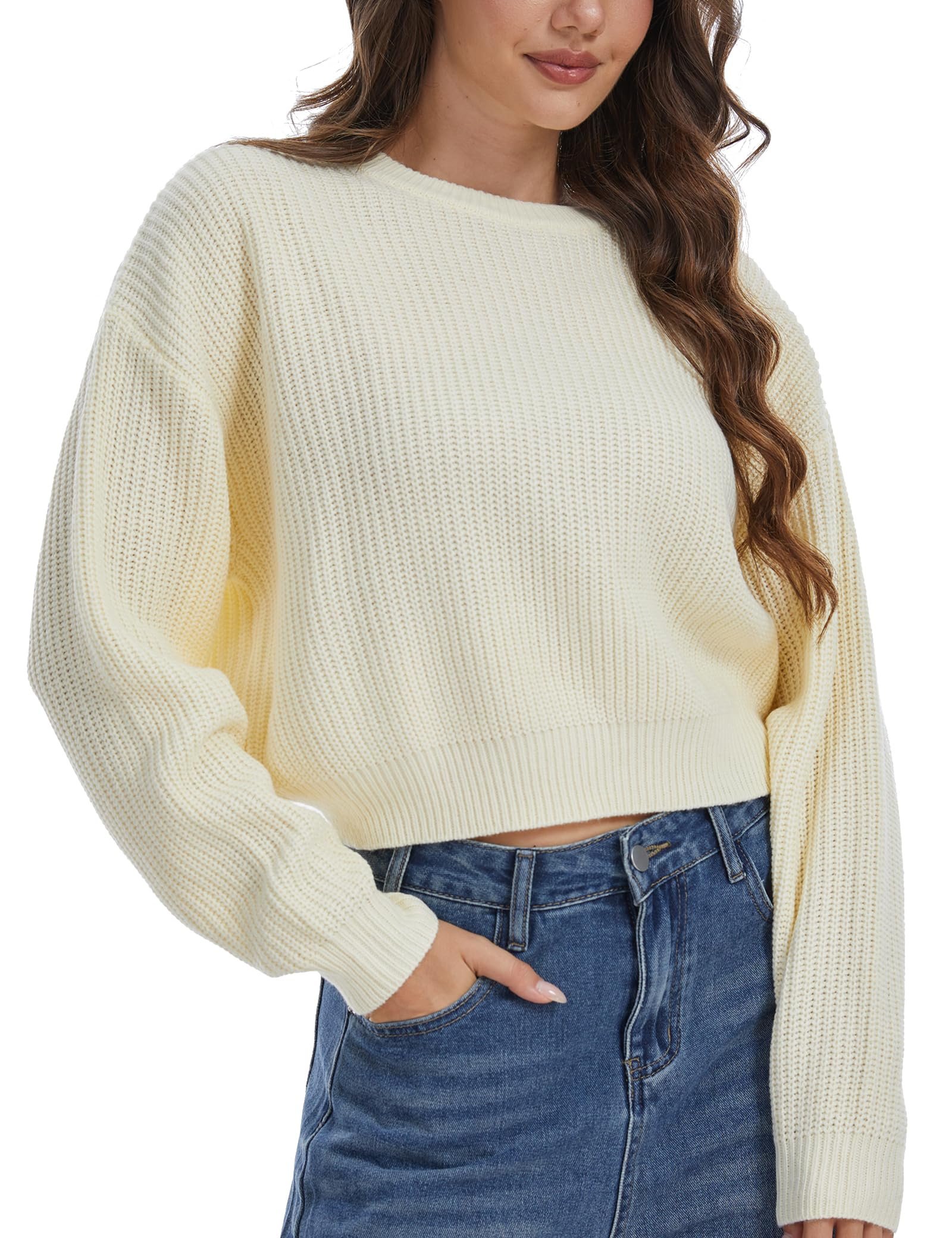 Two-tone cargo legs in black with white thigh panels — TendFabr Women's Cropped Ribbed Knit Sweater Crewneck Chunky Pullover