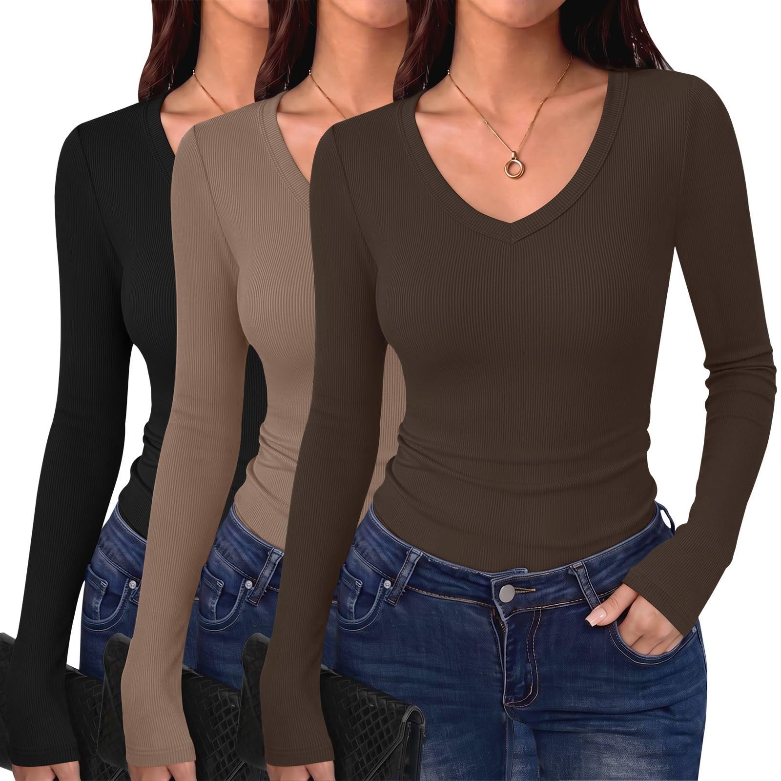 The skirt that made me sit up straighter — Popclub 3 Pack Long Sleeve Shirts for Women V Neck Ribbed Tops Basic Tees
