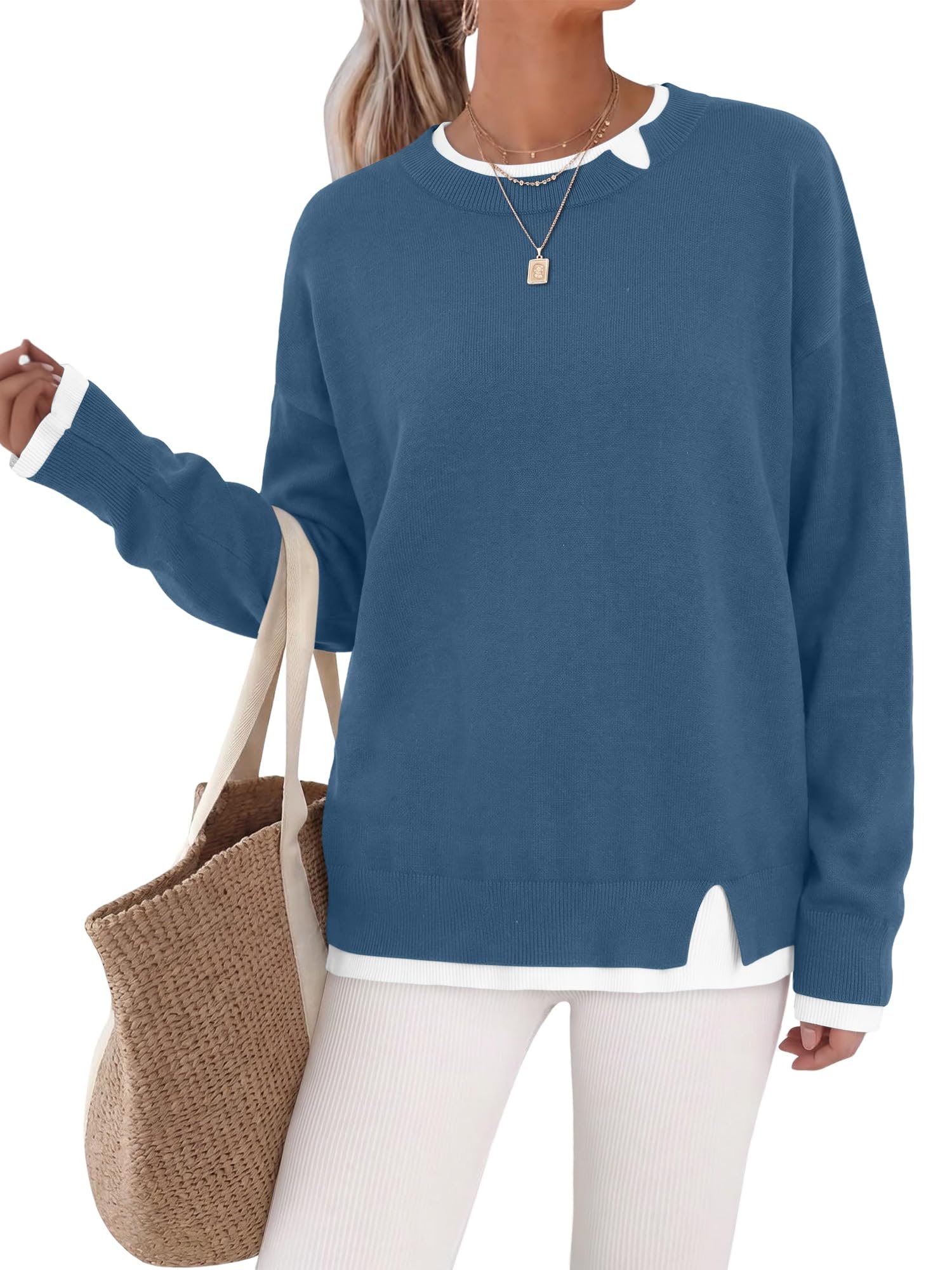 White layer peeking below the blue hem — Bette Boutik Womens Long Sleeve Fall Winter Crew Neck Casual Knit Sweaters
