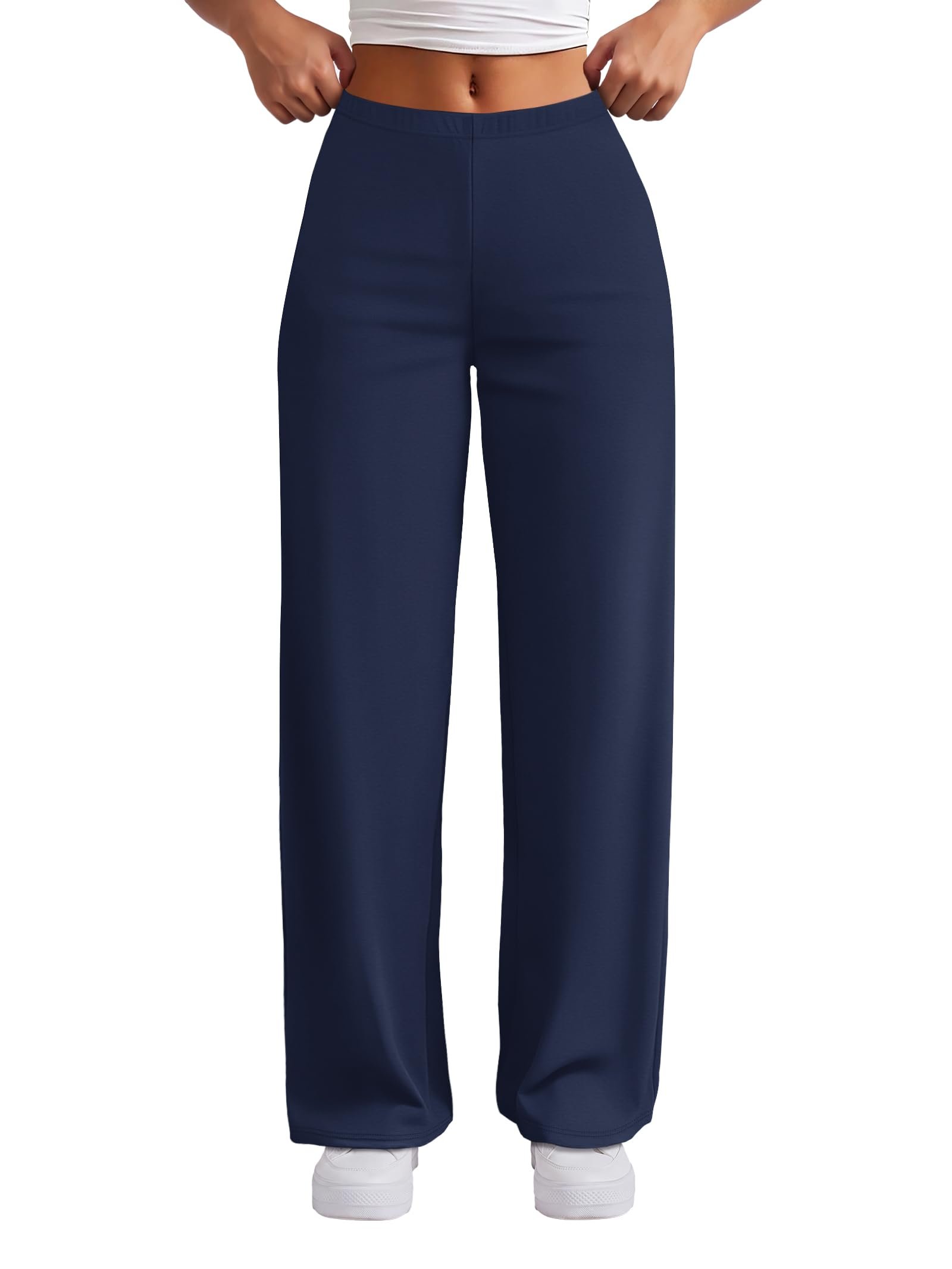 Wide leg navy pants pooling over white sneakers — Rexley Dress Pants for Women Loose Yoga Leggings Wide Leg Work Casual Pants